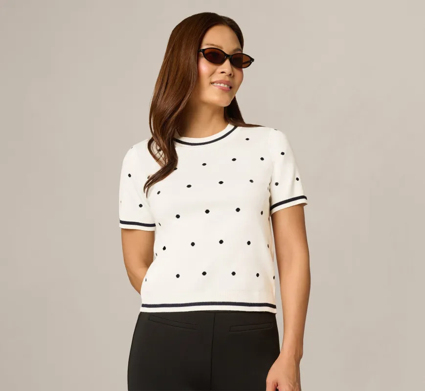 Short Sleeve Chain Patterned Knit Top In Ivory Navy Medium Simple Dot made by Adrianna Papell
