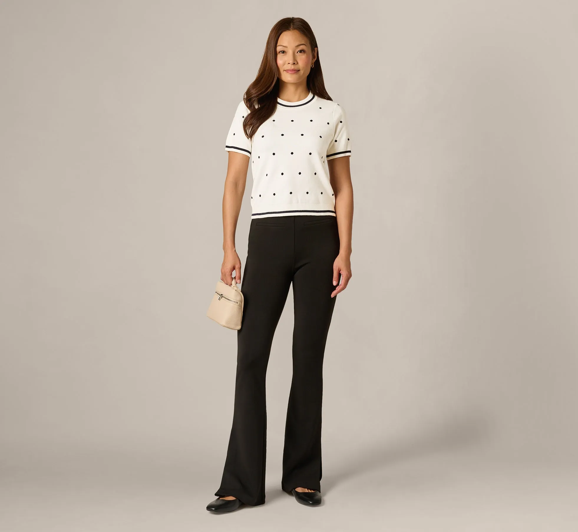 Short Sleeve Chain Patterned Knit Top In Ivory Navy Medium Simple Dot sold by Adrianna Papell product image thumbnail 2