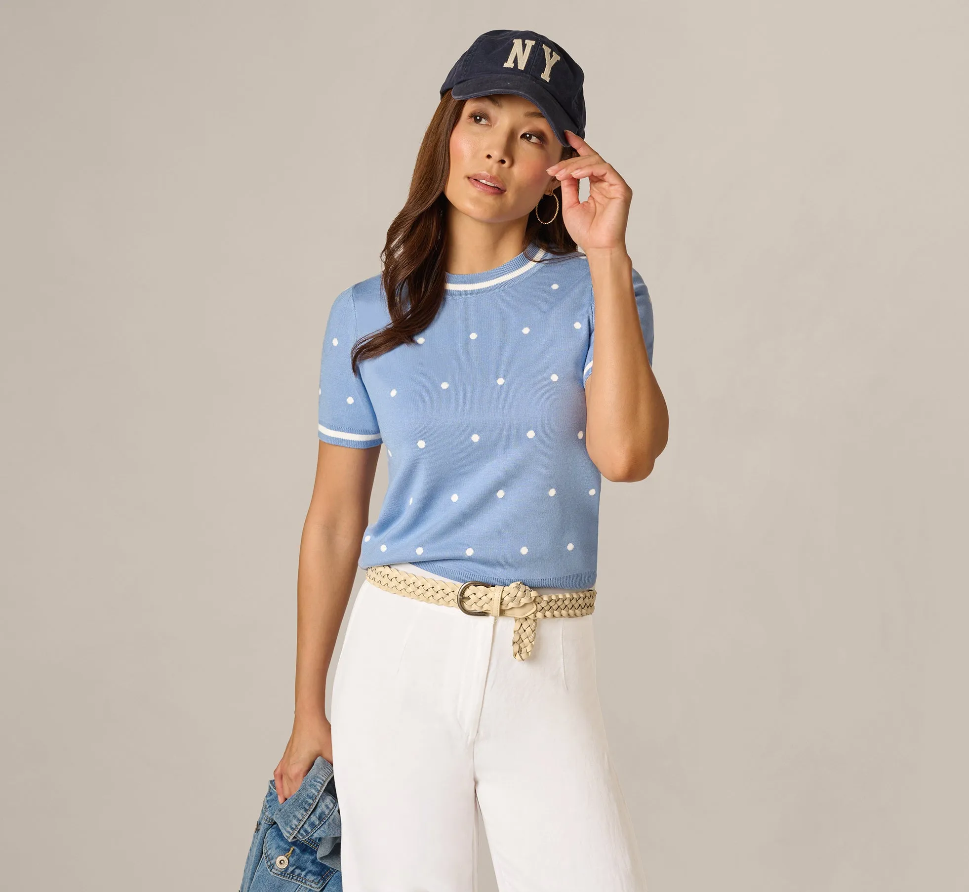 Short Sleeve Chain Patterned Knit Top In Classic Blue Medium Simple Dot sold by Adrianna Papell