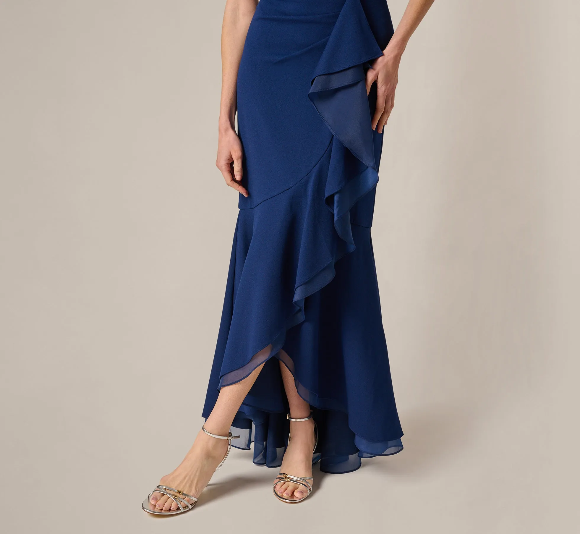 Off Shoulder Stretch Crepe Draped Gown In Navy Sateen sold by Adrianna Papell product image thumbnail 4