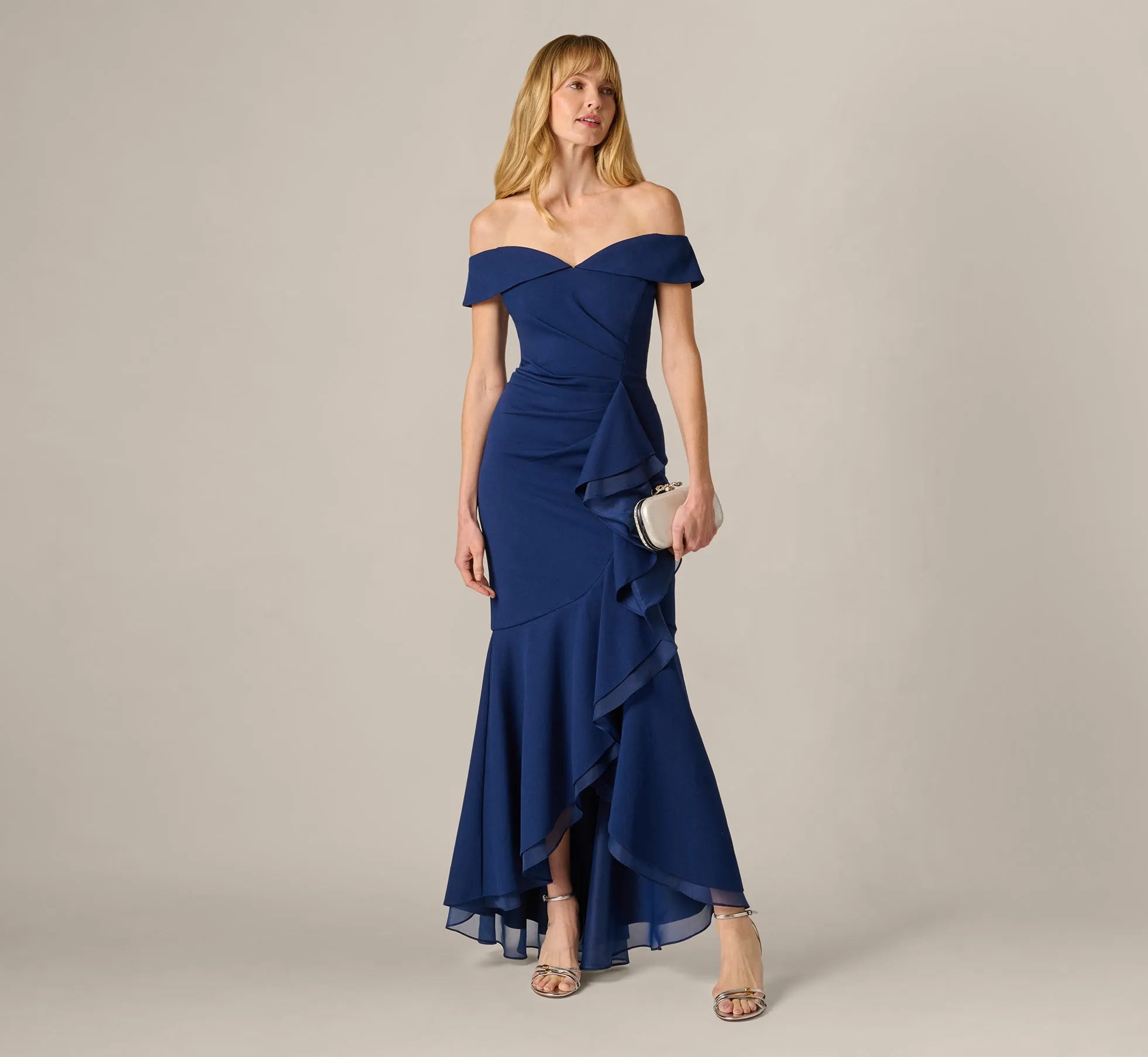 Off Shoulder Stretch Crepe Draped Gown In Navy Sateen sold by Adrianna Papell