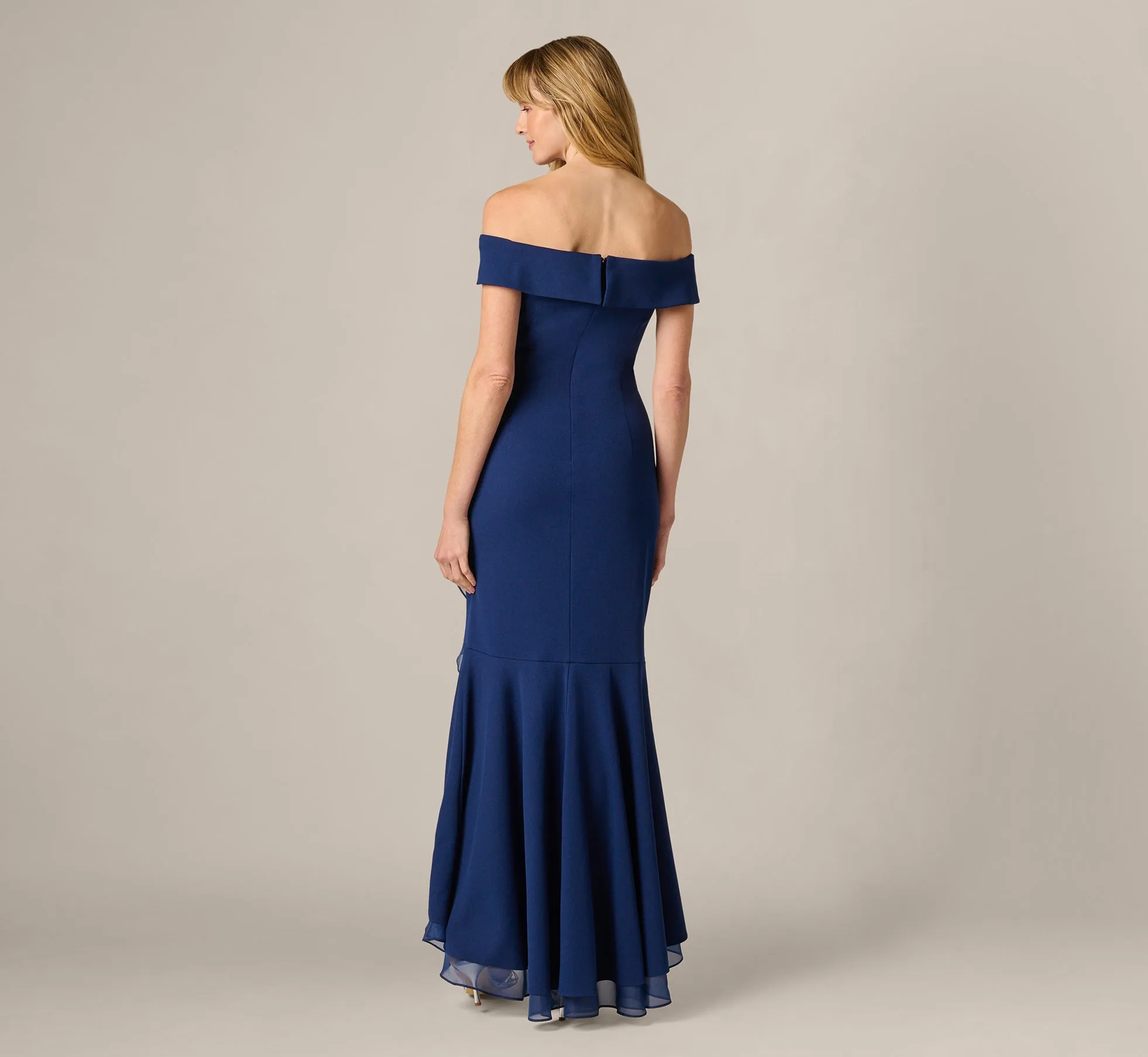 Off Shoulder Stretch Crepe Draped Gown In Navy Sateen sold by Adrianna Papell product image thumbnail 5