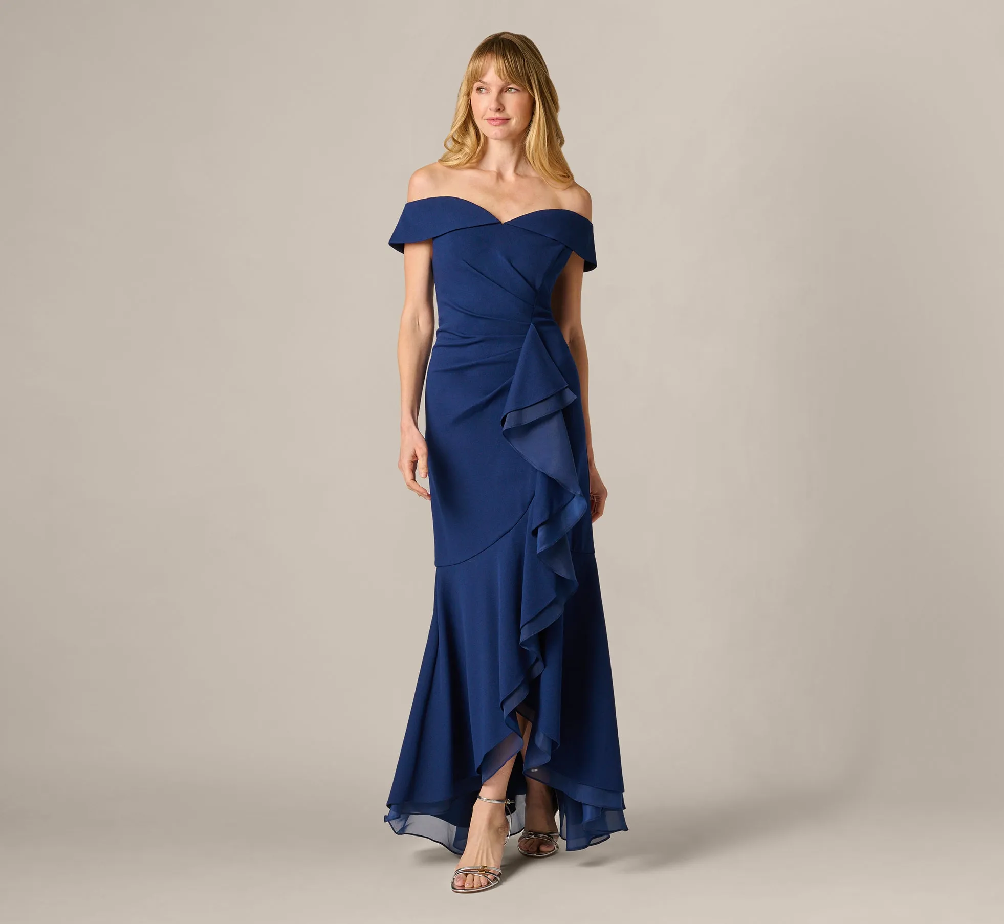 Off Shoulder Stretch Crepe Draped Gown In Navy Sateen sold by Adrianna Papell product image thumbnail 2