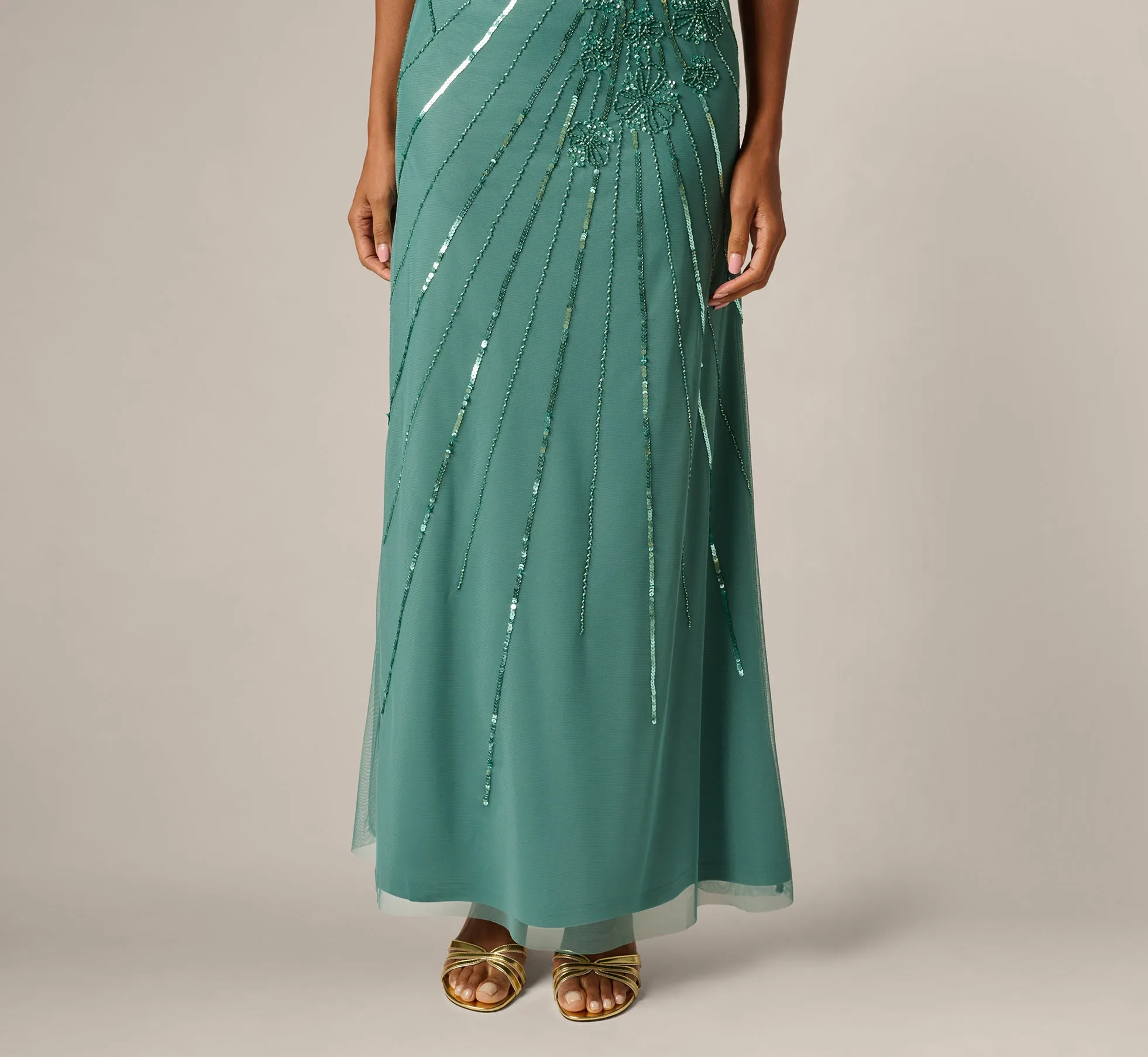 Floral Beaded Illusion Mermaid Gown In Green Slate sold by Adrianna Papell product image thumbnail 3