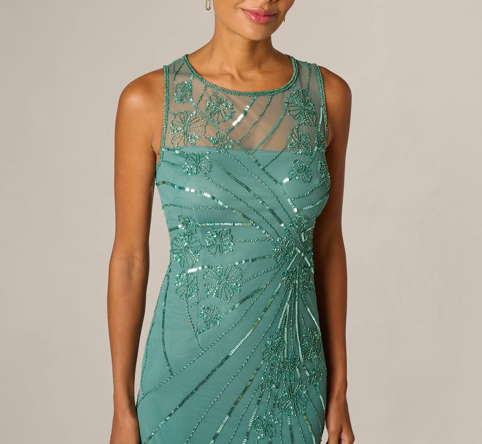 Floral Beaded Illusion Mermaid Gown In Green Slate sold by Adrianna Papell product image thumbnail 4