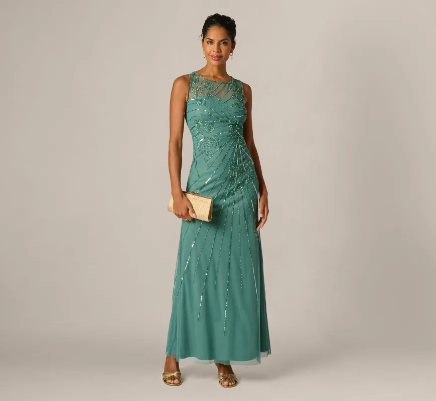 Floral Beaded Illusion Mermaid Gown In Green Slate made by Adrianna Papell