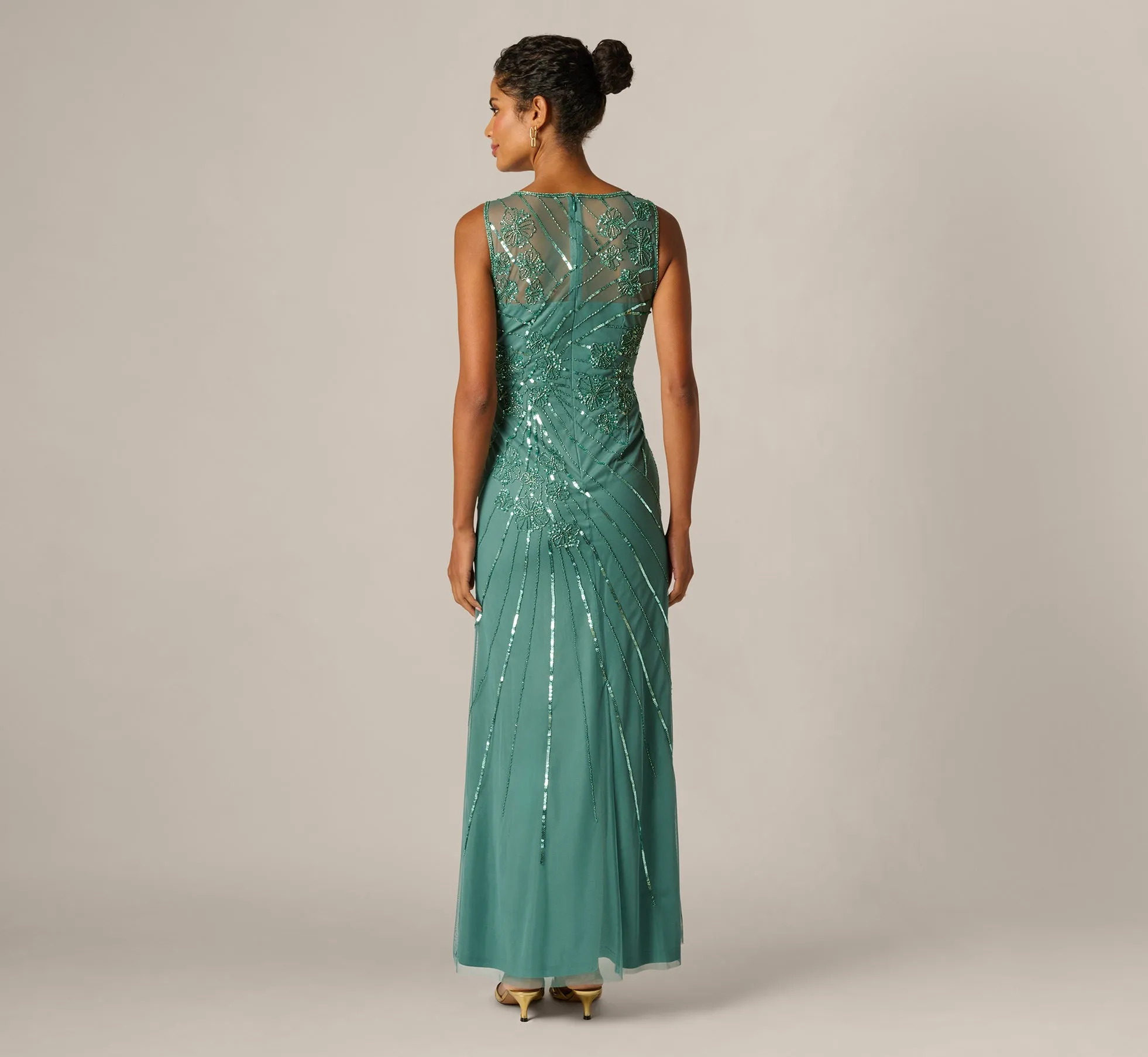 Floral Beaded Illusion Mermaid Gown In Green Slate sold by Adrianna Papell product image thumbnail 5