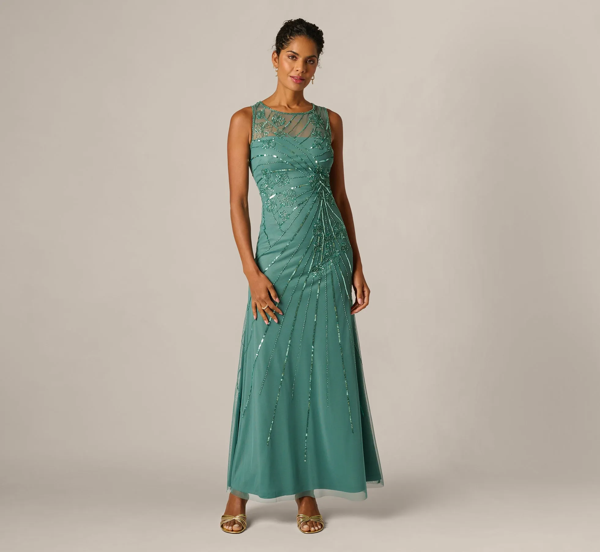 Floral Beaded Illusion Mermaid Gown In Green Slate sold by Adrianna Papell product image thumbnail 2
