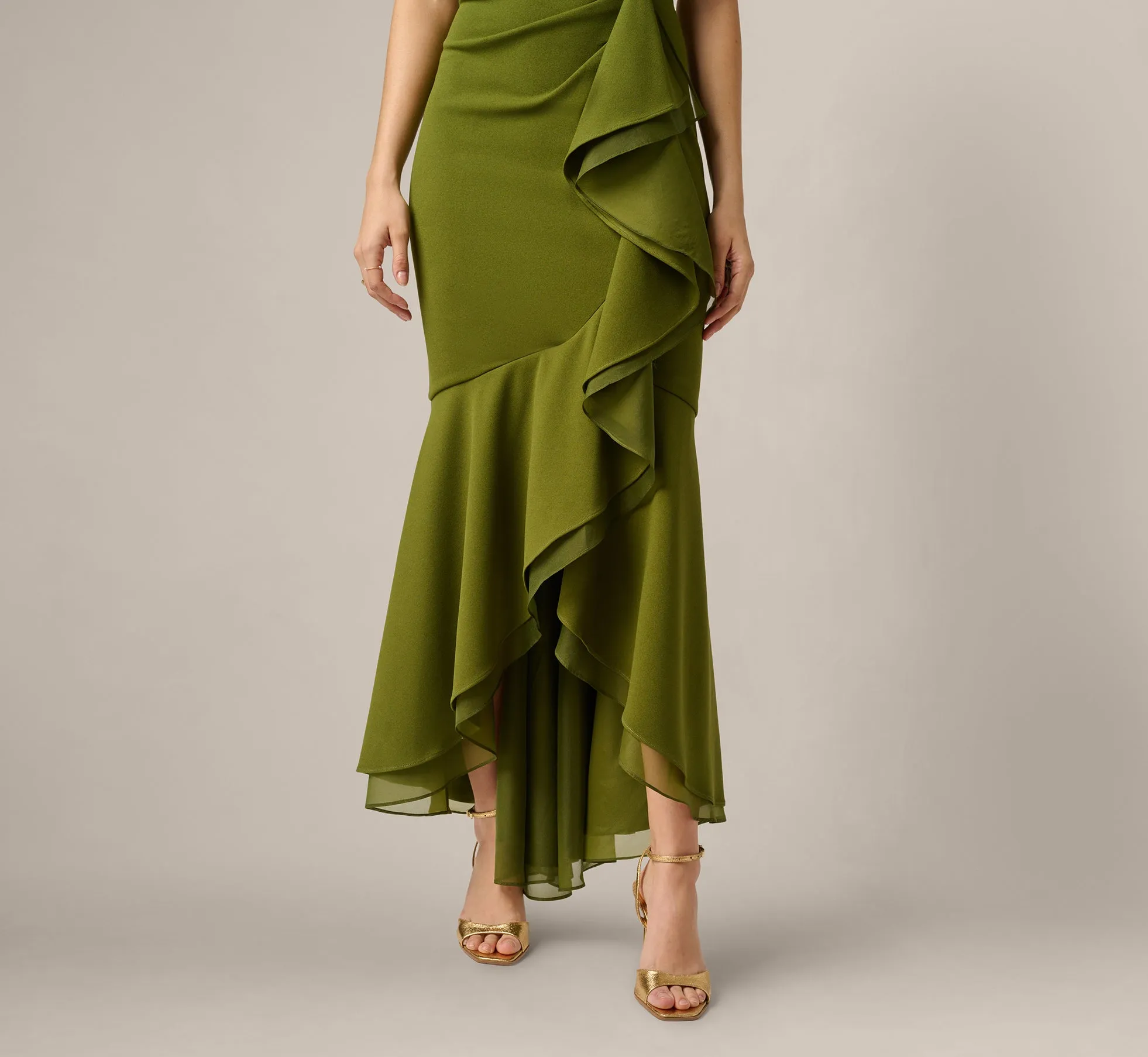 High Low Crepe Halter Gown With Organza Draping In Jungle Olive sold by Adrianna Papell product image thumbnail 4