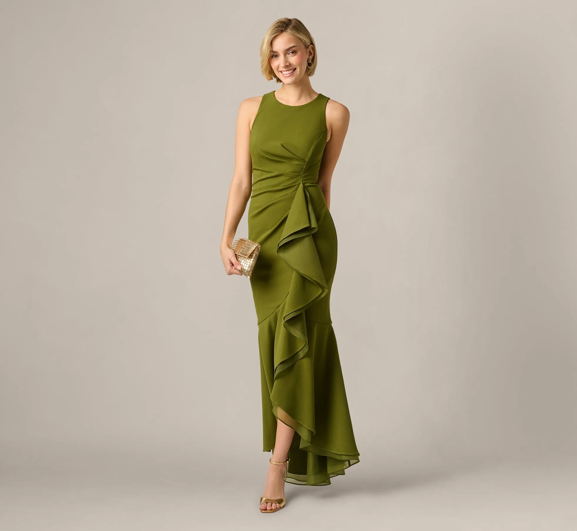 High Low Crepe Halter Gown With Organza Draping In Jungle Olive sold by Adrianna Papell
