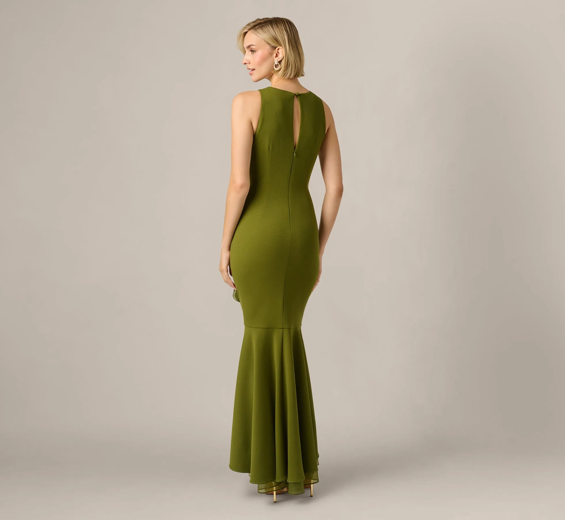 High Low Crepe Halter Gown With Organza Draping In Jungle Olive sold by Adrianna Papell product image thumbnail 5