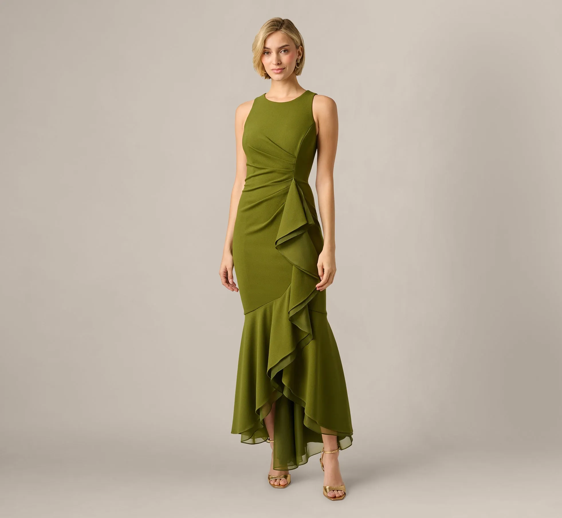 High Low Crepe Halter Gown With Organza Draping In Jungle Olive sold by Adrianna Papell product image thumbnail 2