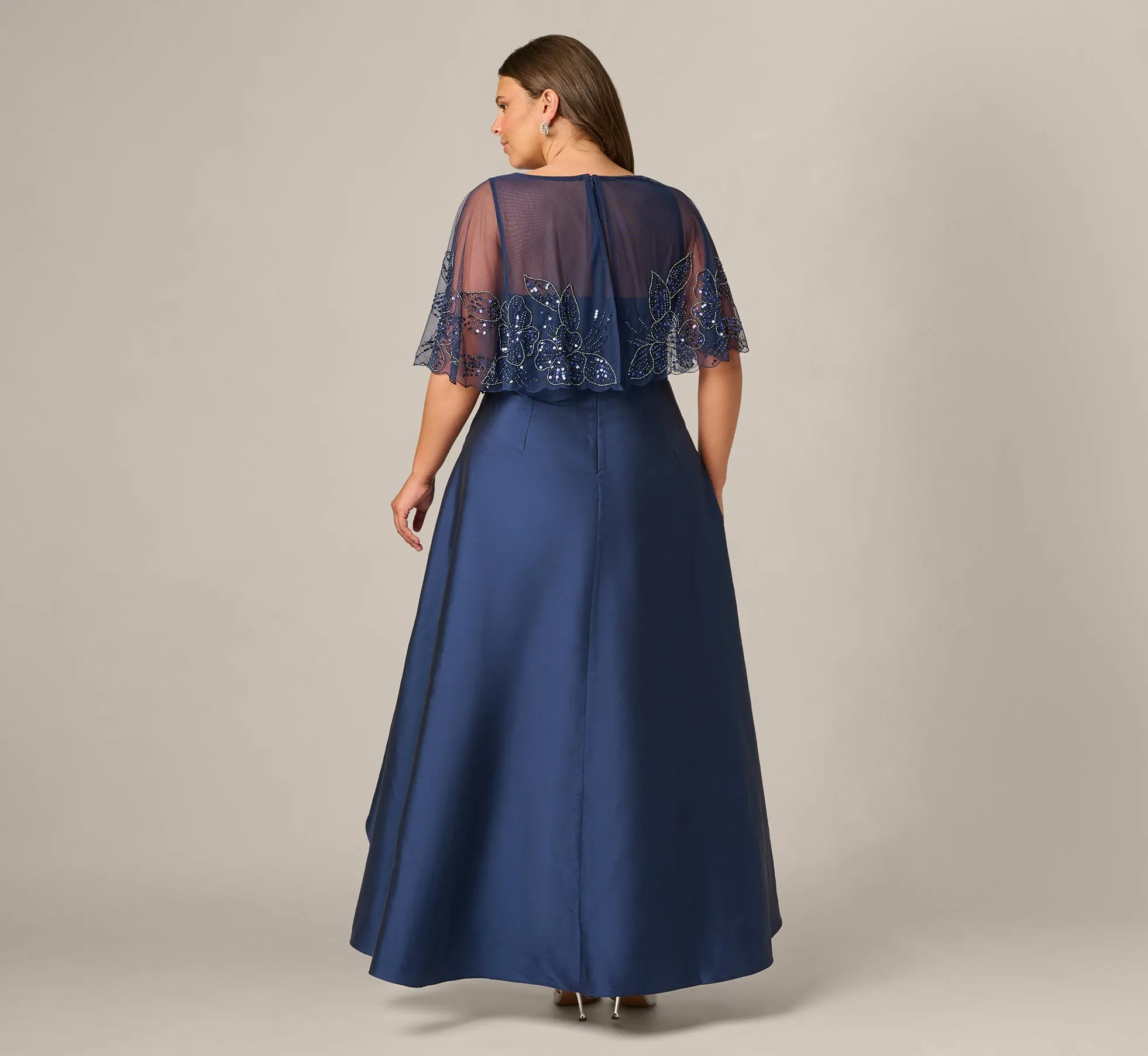 Plus Size Beaded Cape High Low Taffeta Combo Gown In Light Navy sold by Adrianna Papell product image thumbnail 5
