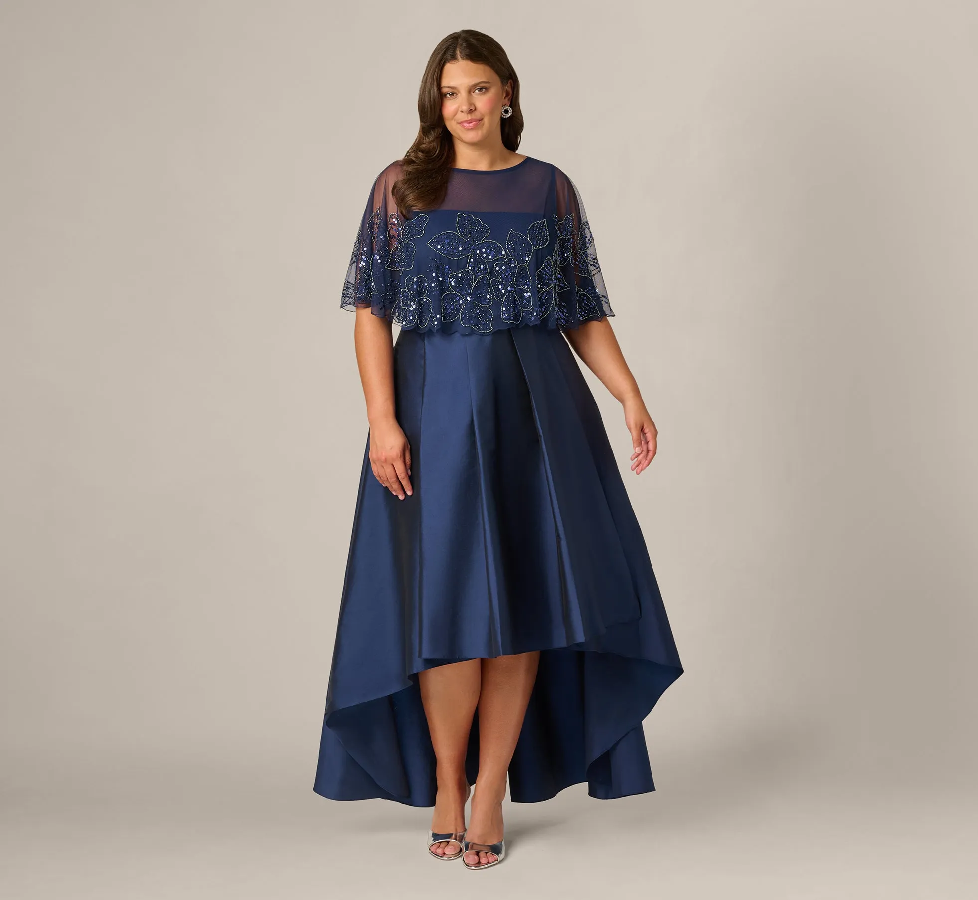 Plus Size Beaded Cape High Low Taffeta Combo Gown In Light Navy sold by Adrianna Papell product image thumbnail 2