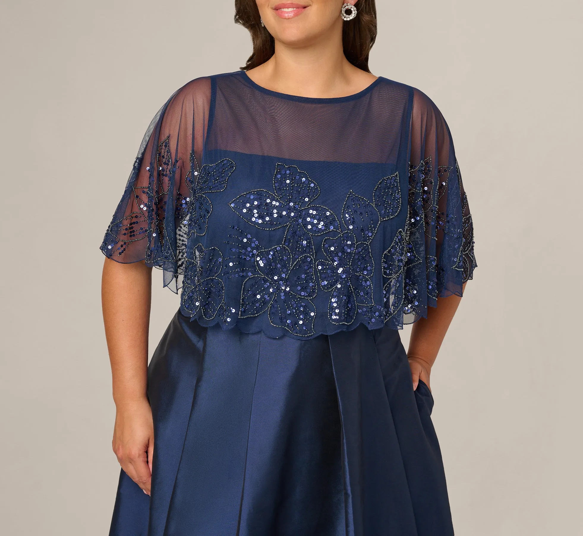 Plus Size Beaded Cape High Low Taffeta Combo Gown In Light Navy sold by Adrianna Papell product image thumbnail 3