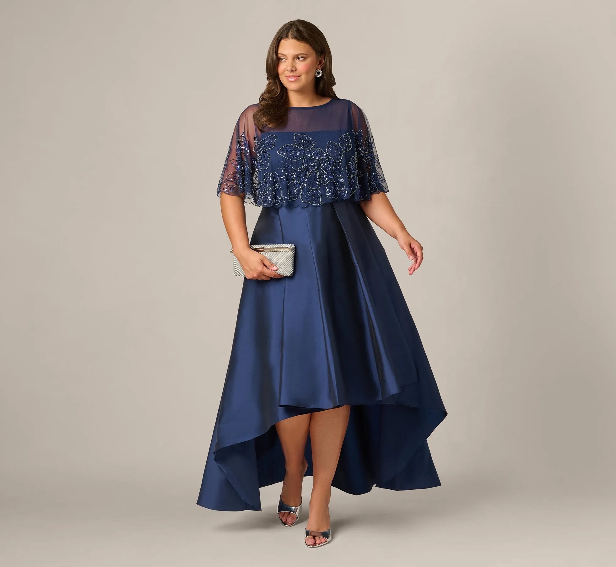 Plus Size Beaded Cape High Low Taffeta Combo Gown In Light Navy sold by Adrianna Papell