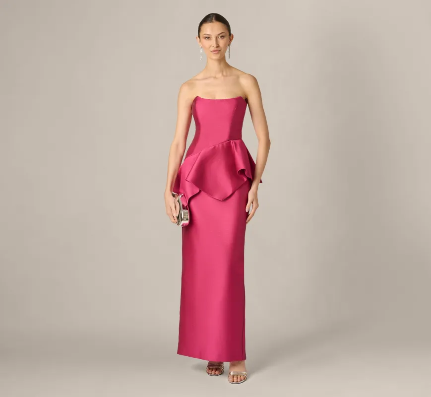 Strapless Asymmetrical Peplum Gown In Bright Rose made by Aidan Mattox