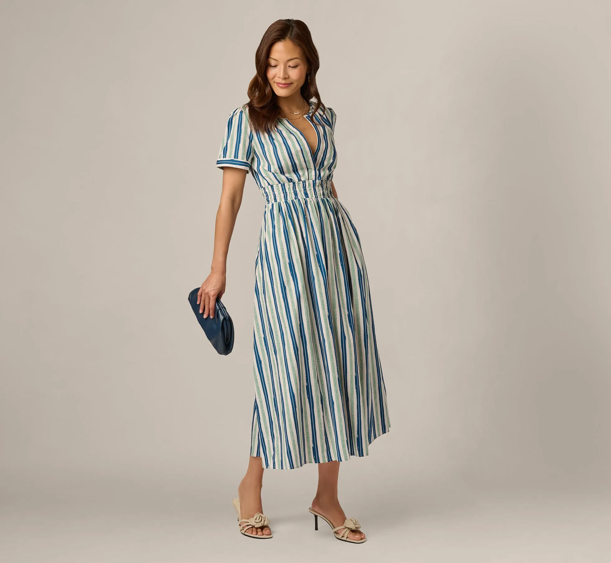Short Sleeve Cotton Sophia Midi Dress In Ecru Navy sold by Adrianna Papell
