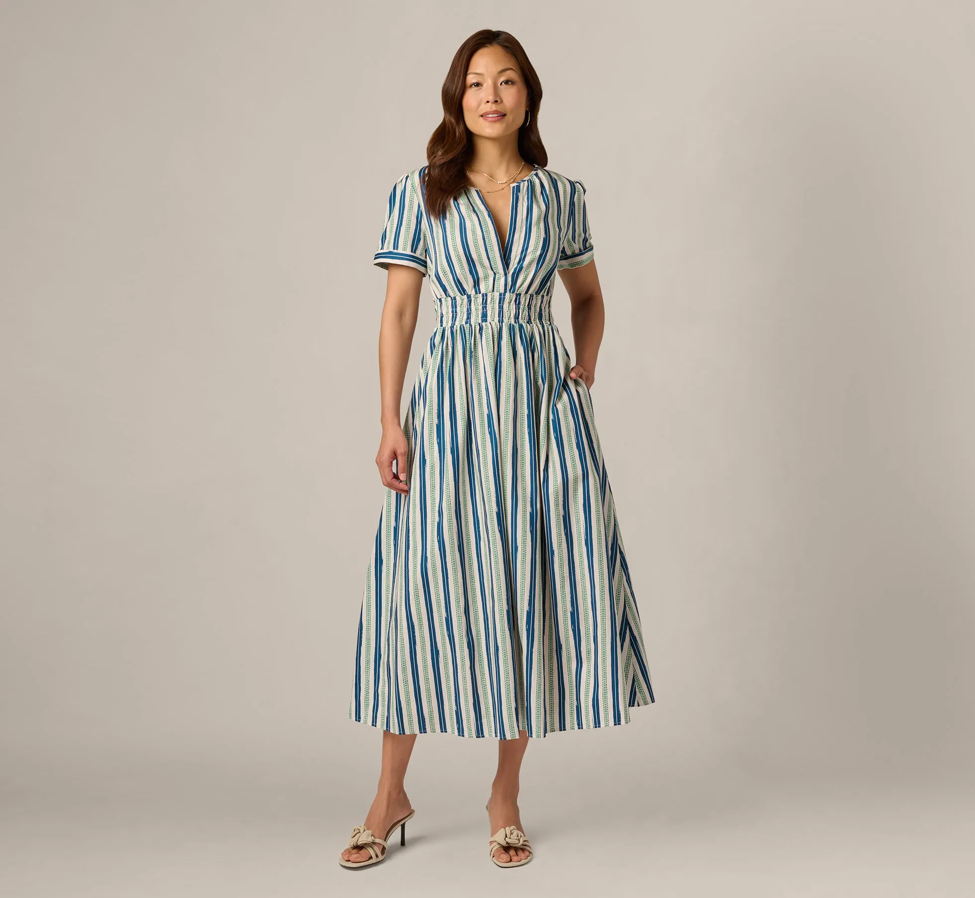 Short Sleeve Cotton Sophia Midi Dress In Ecru Navy sold by Adrianna Papell product image thumbnail 2