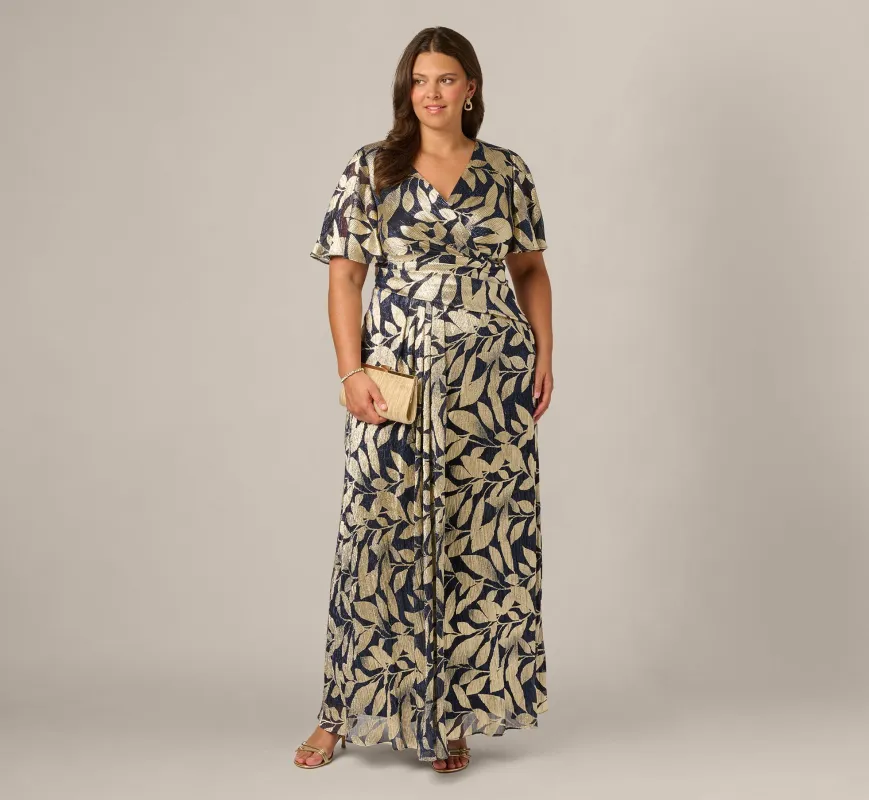 Plus Size Foil Leaf Short Sleeve Gown With Draped Details In Navy Gold made by Adrianna Papell