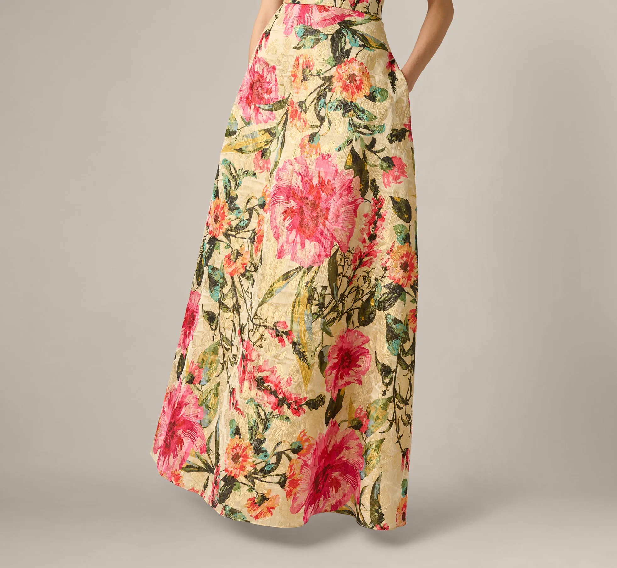Floral Jacquard Plunge Neck Halter Ballgown In Pink Multi sold by Adrianna Papell product image thumbnail 4