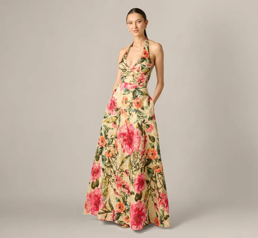 Floral Jacquard Plunge Neck Halter Ballgown In Pink Multi made by Aidan Mattox