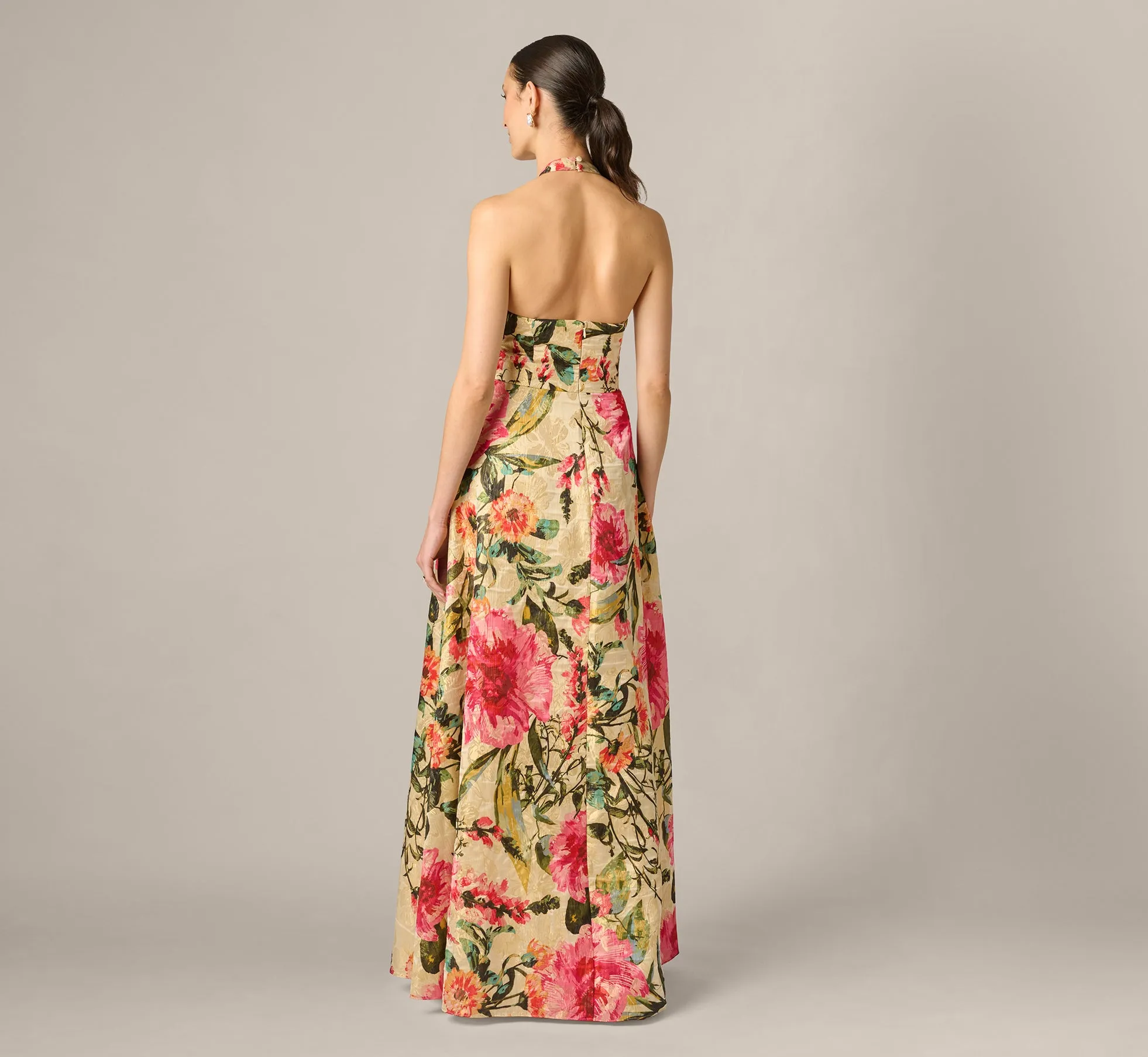 Floral Jacquard Plunge Neck Halter Ballgown In Pink Multi sold by Adrianna Papell product image thumbnail 5