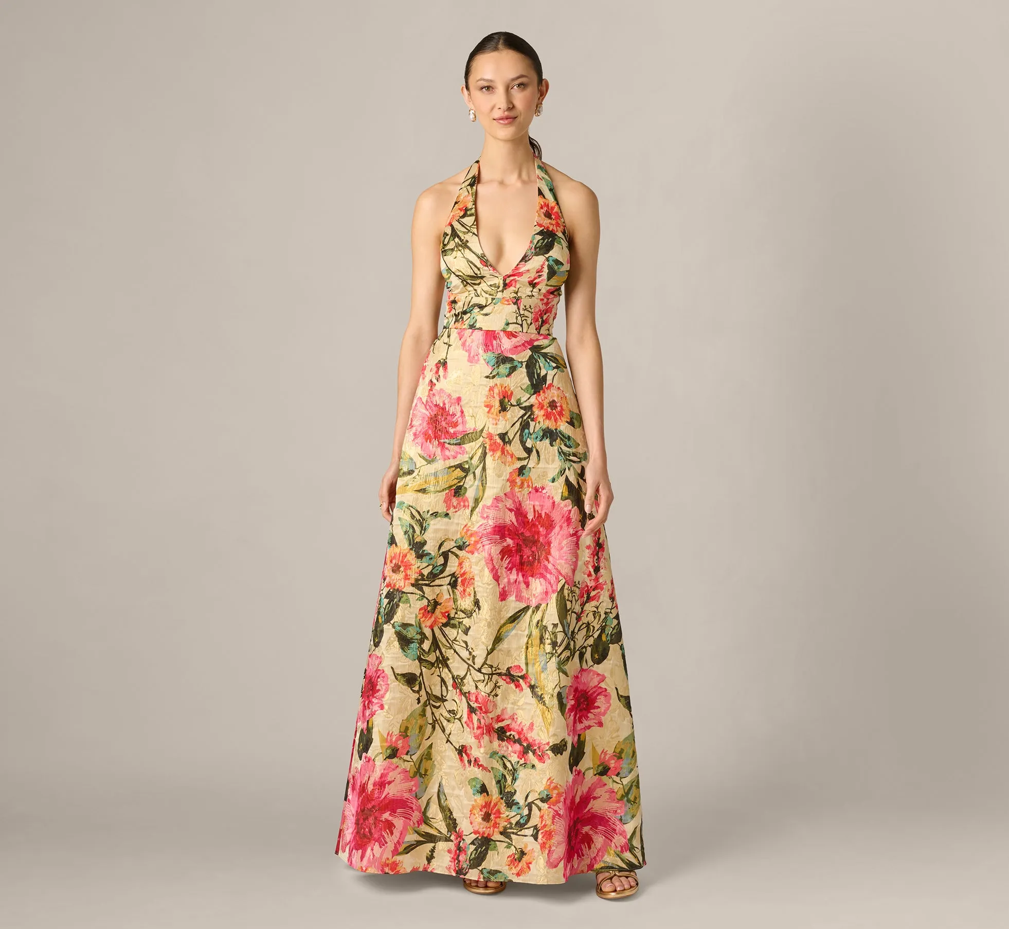 Floral Jacquard Plunge Neck Halter Ballgown In Pink Multi sold by Adrianna Papell product image thumbnail 2