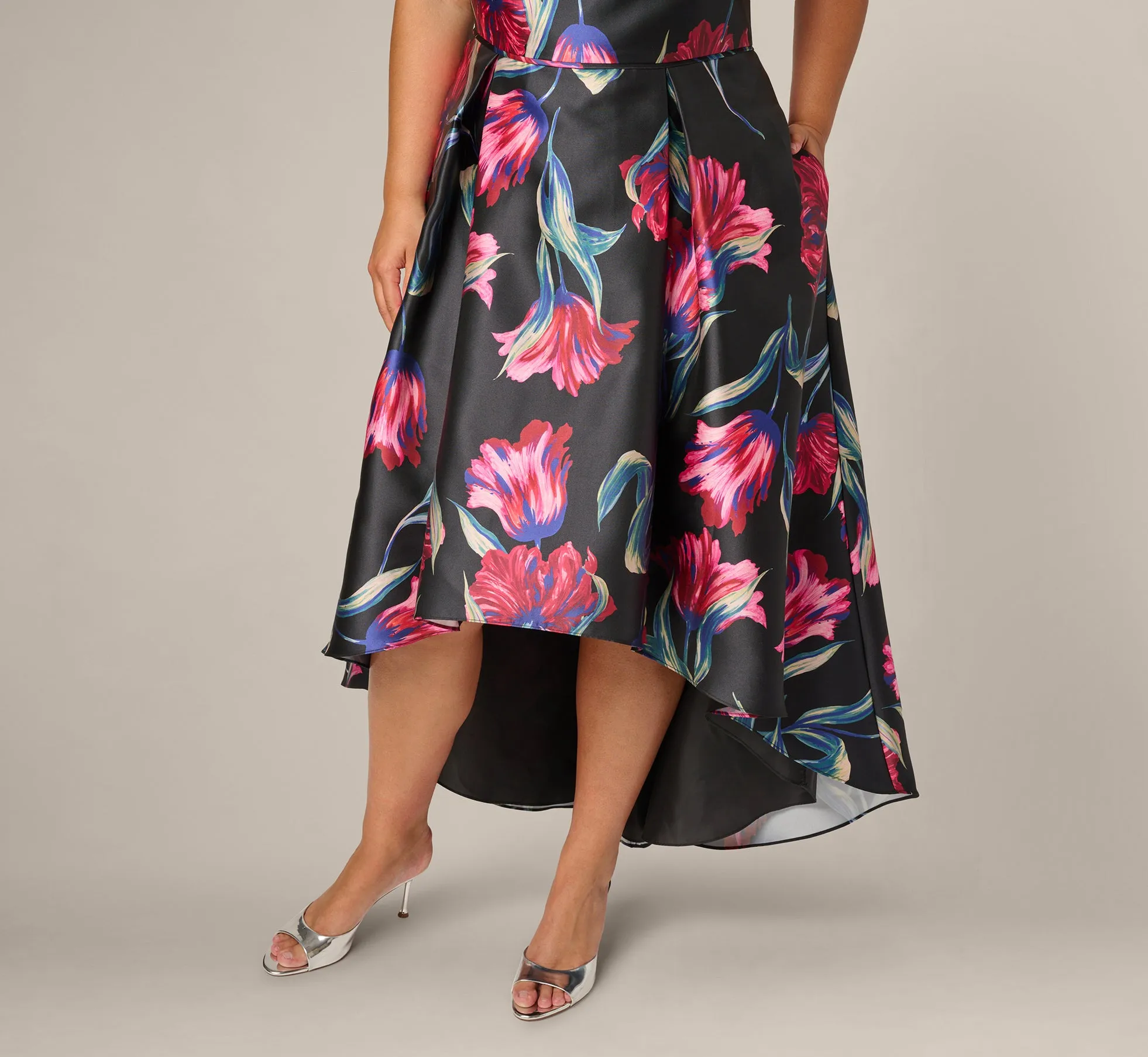 Plus Size Floral Print Mikado High Low Gown In Black Multi sold by Adrianna Papell product image thumbnail 4