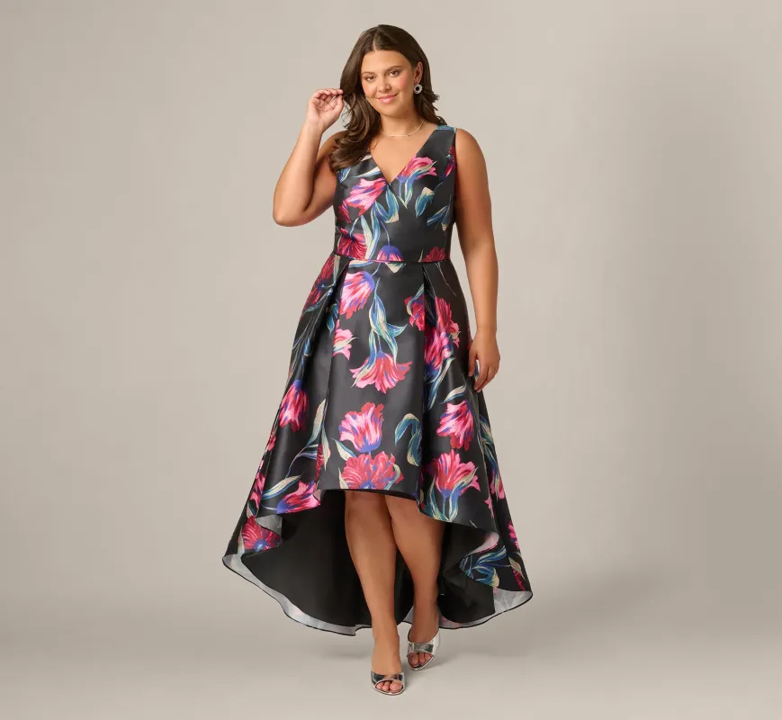 Plus Size Floral Print Mikado High Low Gown In Black Multi made by Adrianna Papell