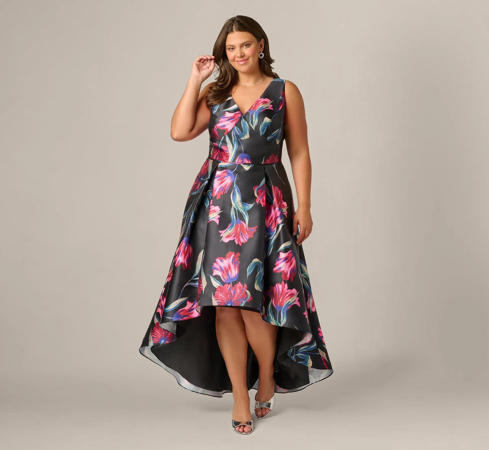 Plus Size Floral Print Mikado High Low Gown In Black Multi sold by Adrianna Papell
