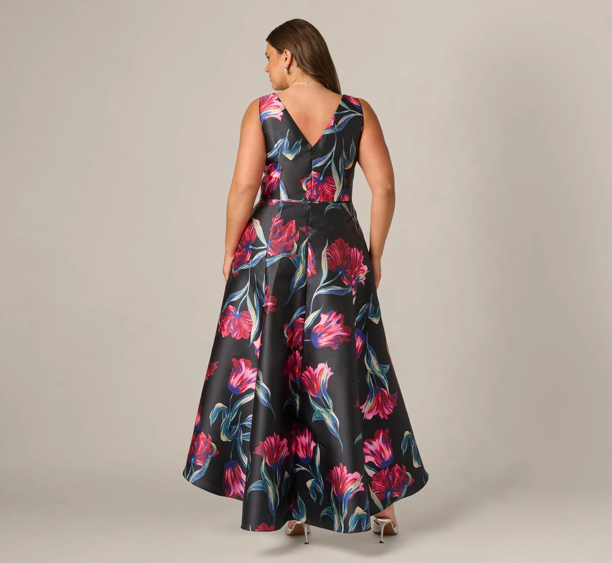 Plus Size Floral Print Mikado High Low Gown In Black Multi sold by Adrianna Papell product image thumbnail 5