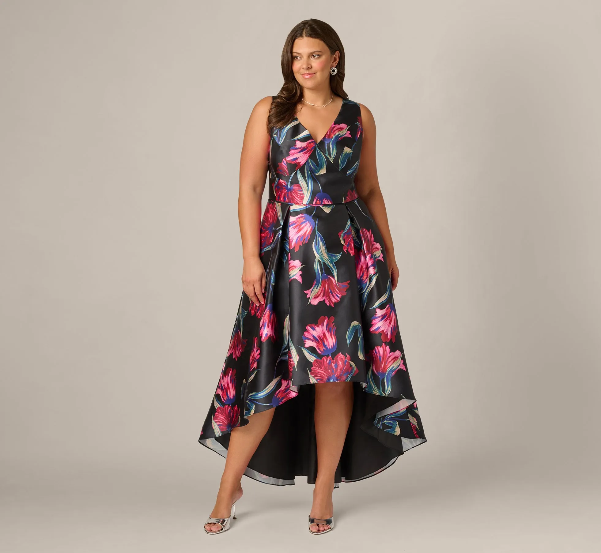 Plus Size Floral Print Mikado High Low Gown In Black Multi sold by Adrianna Papell product image thumbnail 2