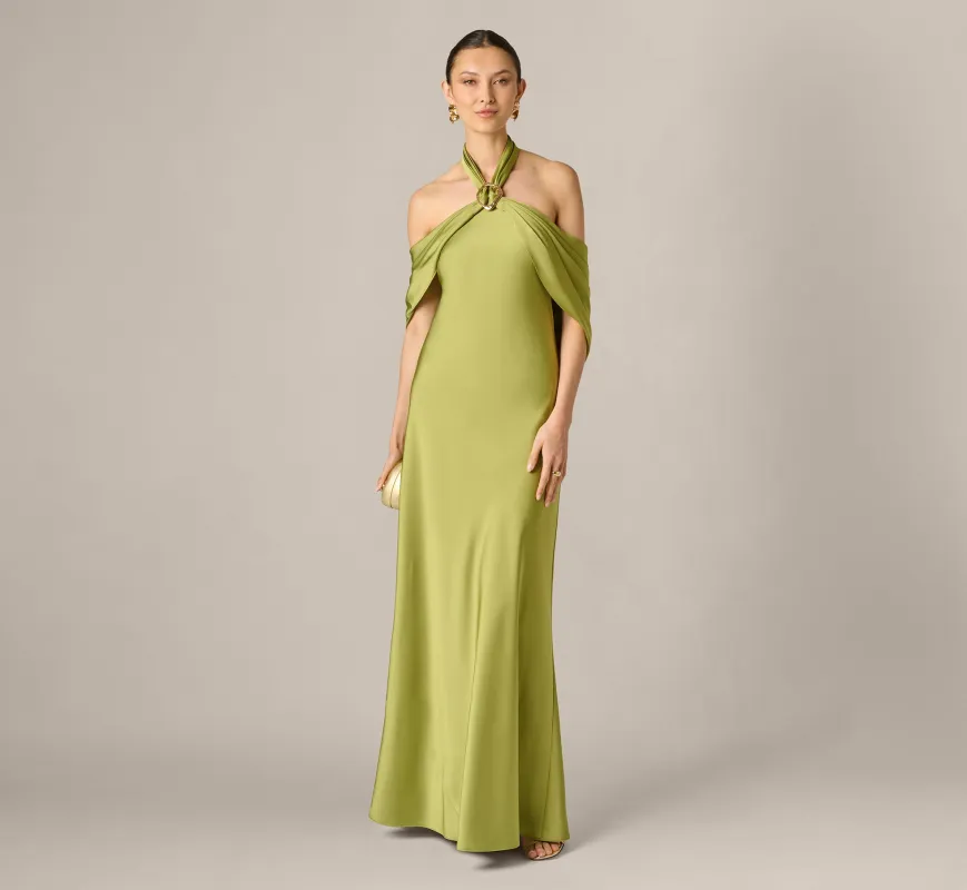 Satin Draped Shawl Halter Gown In Fern made by Aidan Mattox