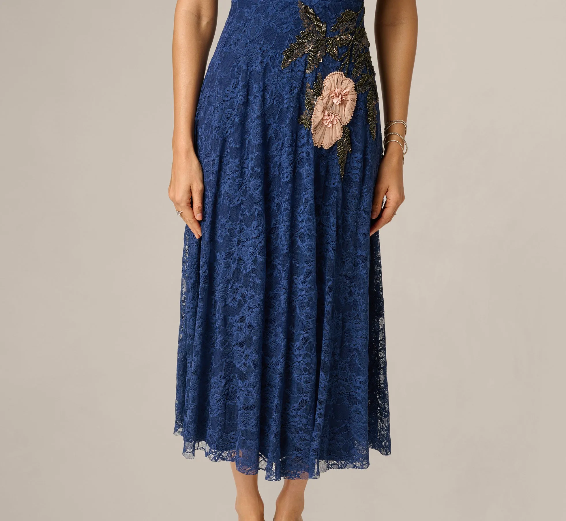 Off Shoulder Beaded Floral Lace Midi Dress In Navy Blush sold by Adrianna Papell product image thumbnail 4