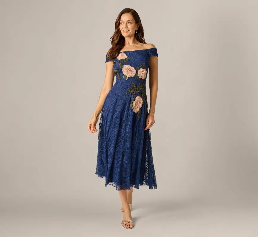 Off Shoulder Beaded Floral Lace Midi Dress In Navy Blush made by Adrianna Papell