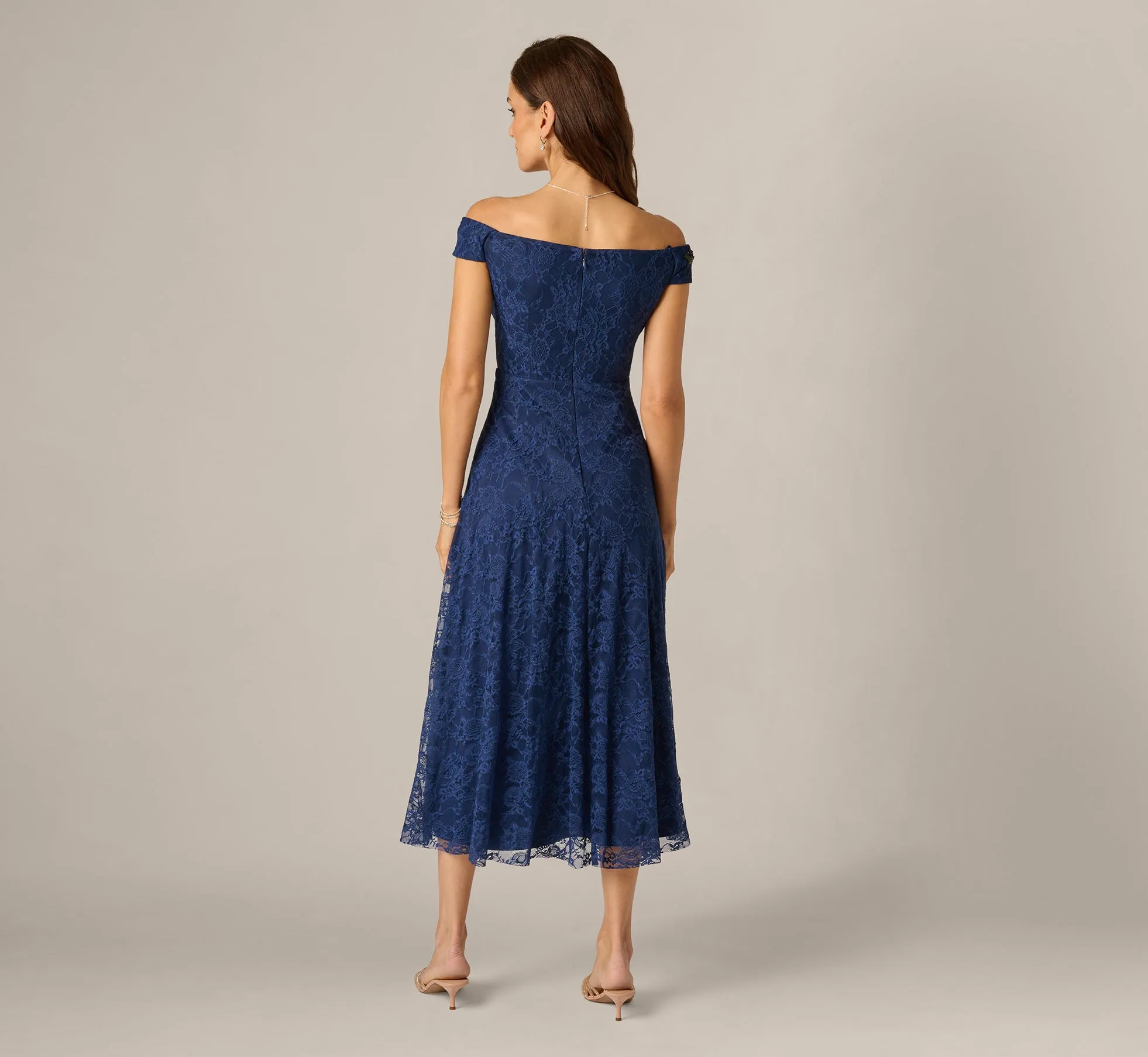 Off Shoulder Beaded Floral Lace Midi Dress In Navy Blush sold by Adrianna Papell product image thumbnail 5