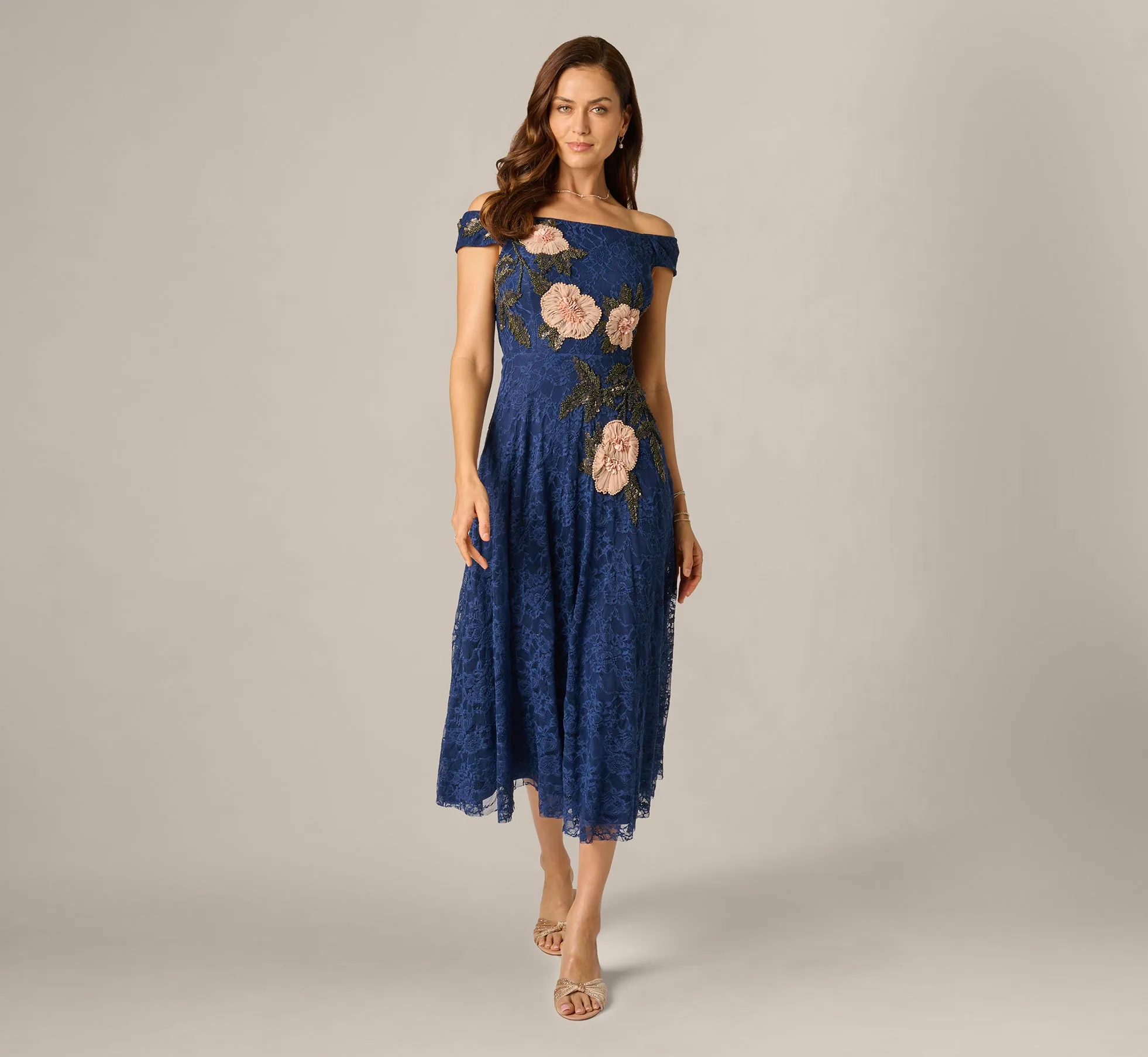 Off Shoulder Beaded Floral Lace Midi Dress In Navy Blush sold by Adrianna Papell product image thumbnail 2