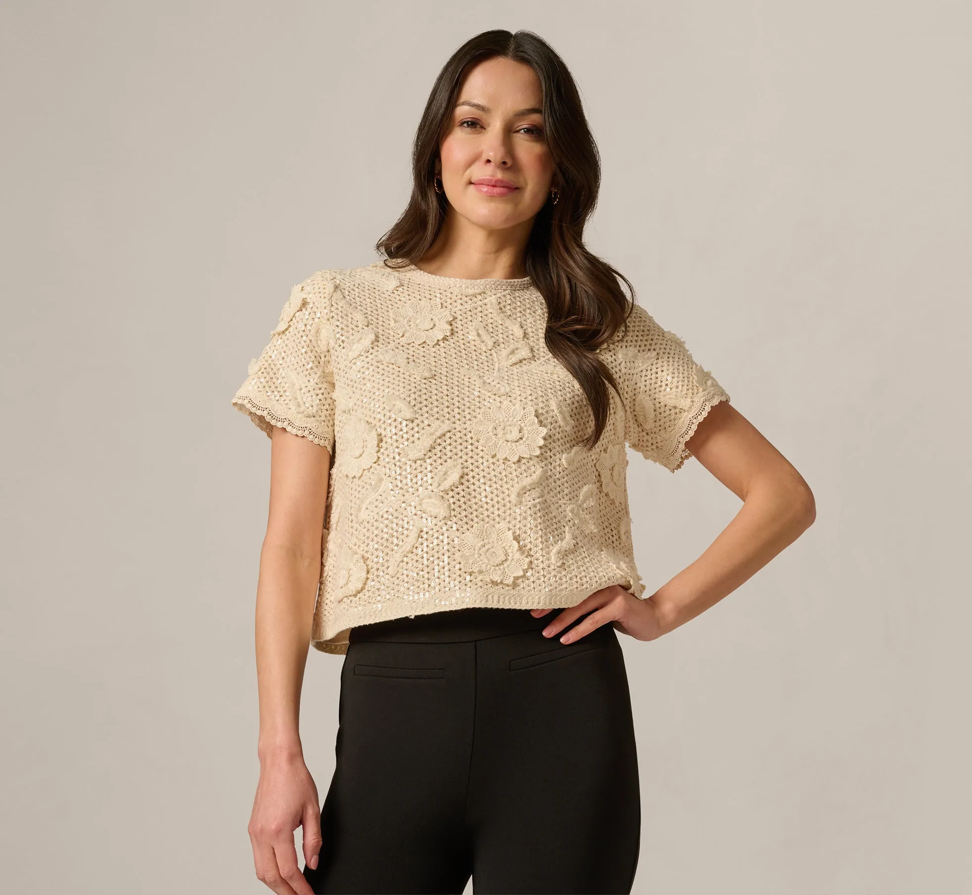 Short Sleeve Floral Sequin Crochet Top In Seedpearl sold by Adrianna Papell product image thumbnail 2