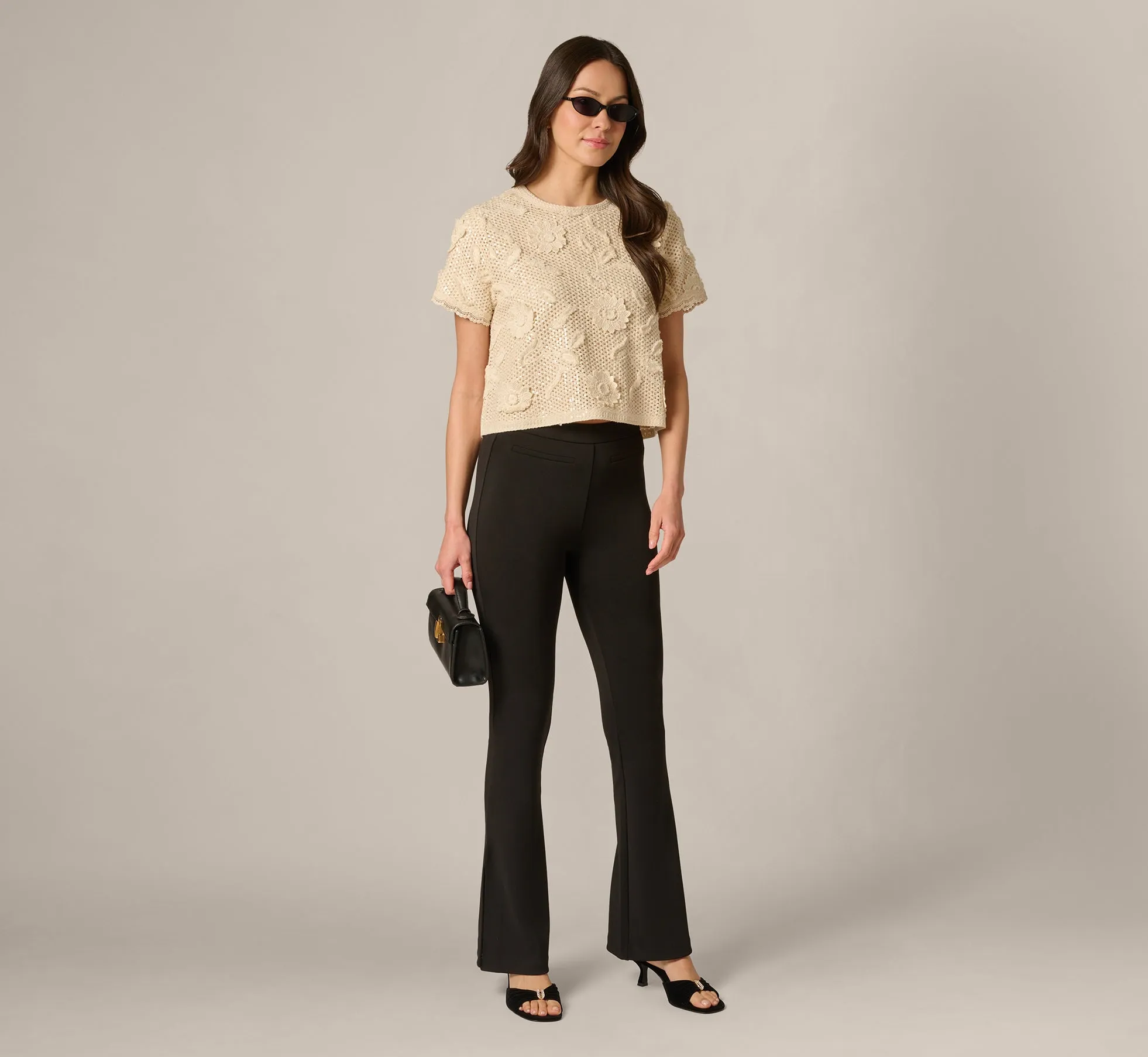 Short Sleeve Floral Sequin Crochet Top In Seedpearl sold by Adrianna Papell product image thumbnail 3
