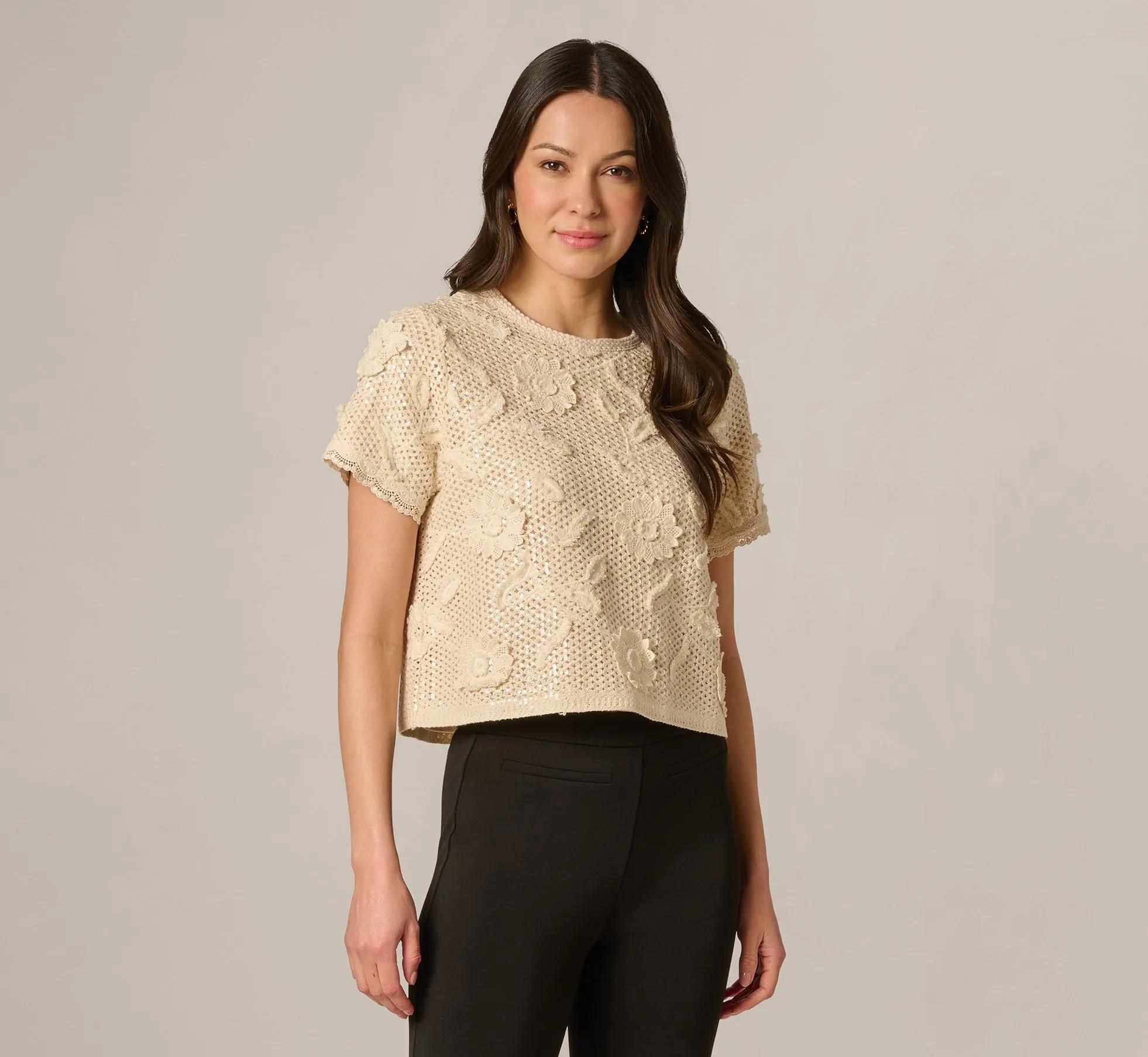 Short Sleeve Floral Sequin Crochet Top In Seedpearl sold by Adrianna Papell product image thumbnail 4