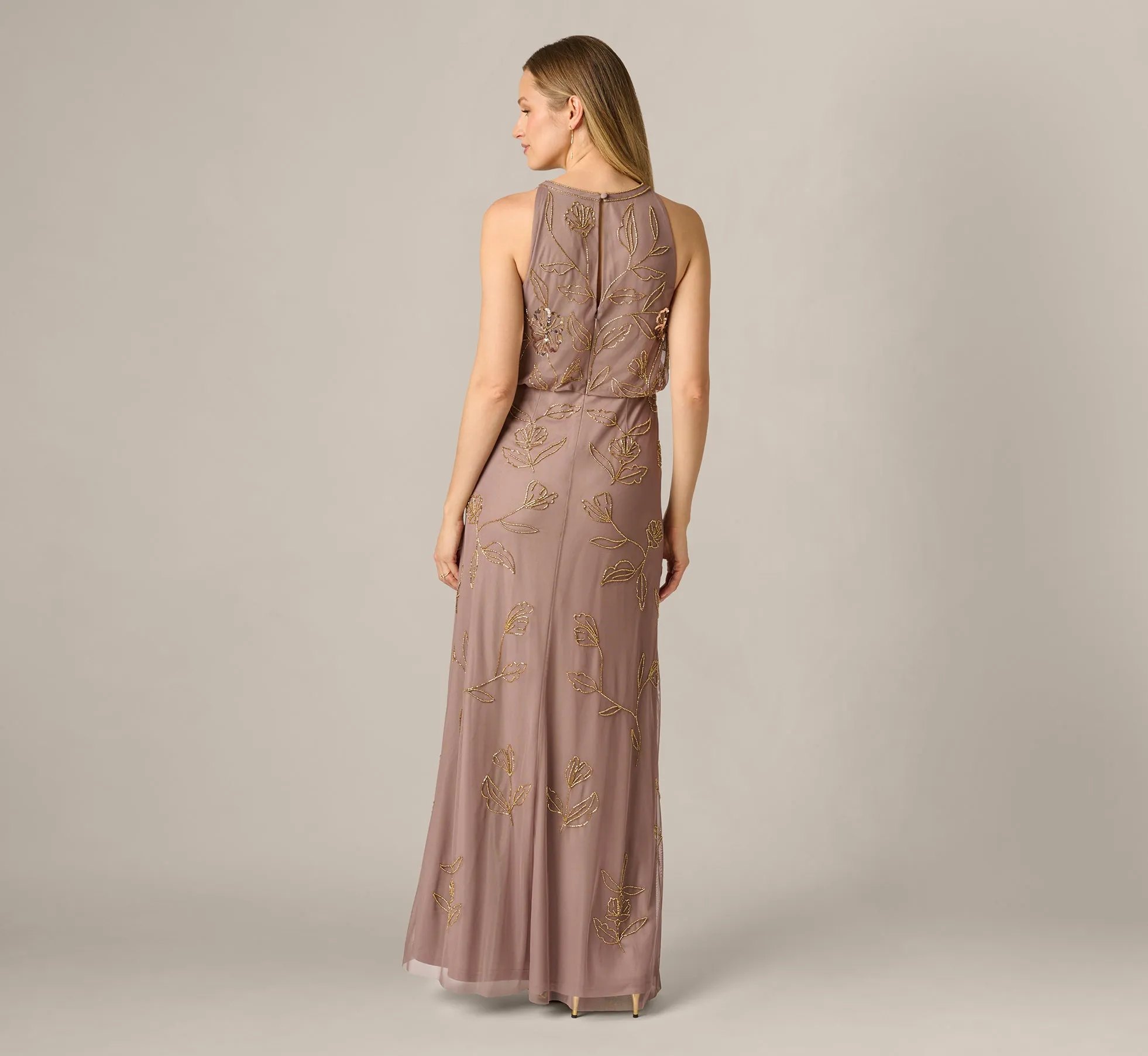 Sleeveless Floral Beaded Sequin Blouson Gown In Stone sold by Adrianna Papell product image thumbnail 5