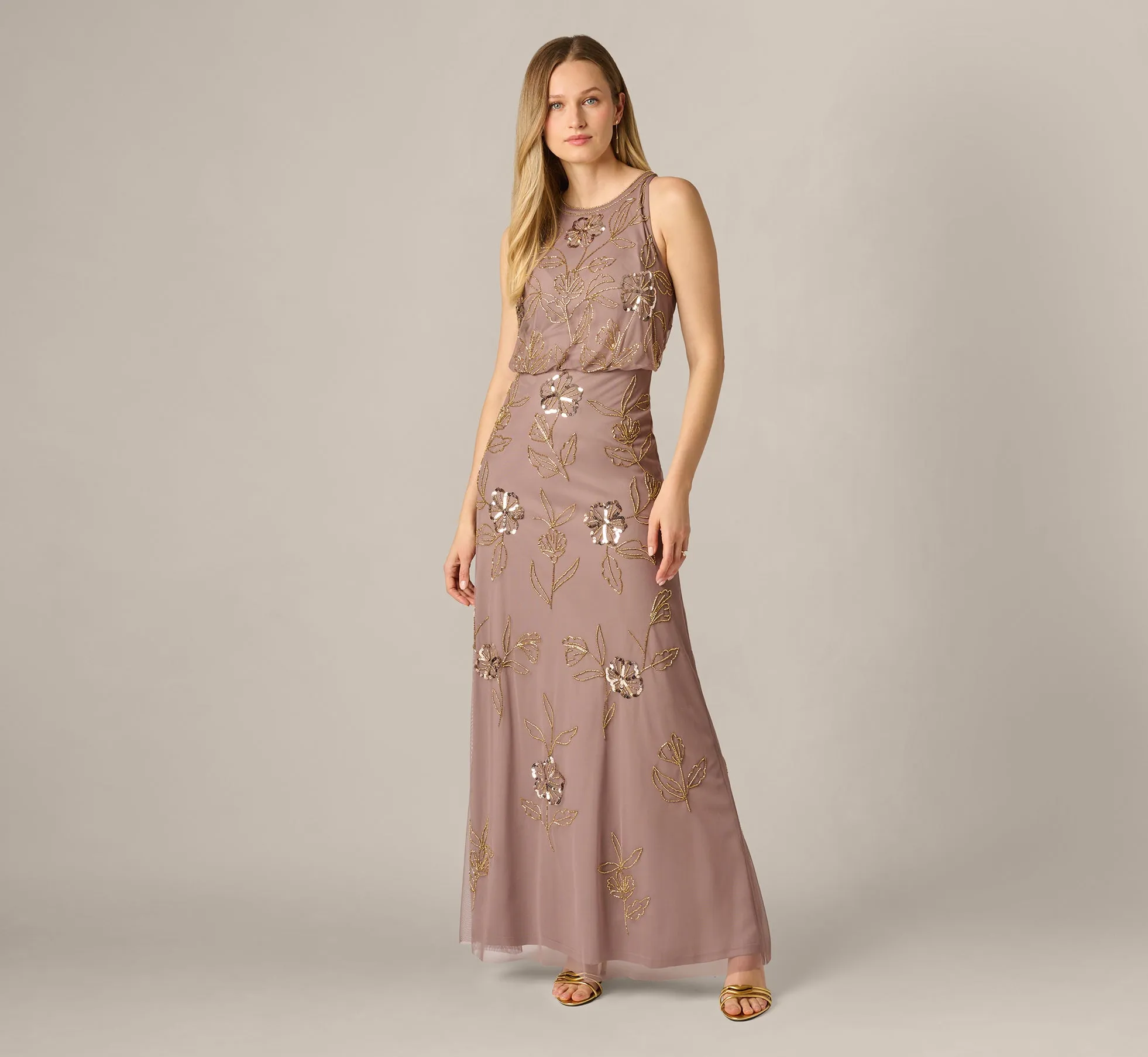 Sleeveless Floral Beaded Sequin Blouson Gown In Stone sold by Adrianna Papell product image thumbnail 2