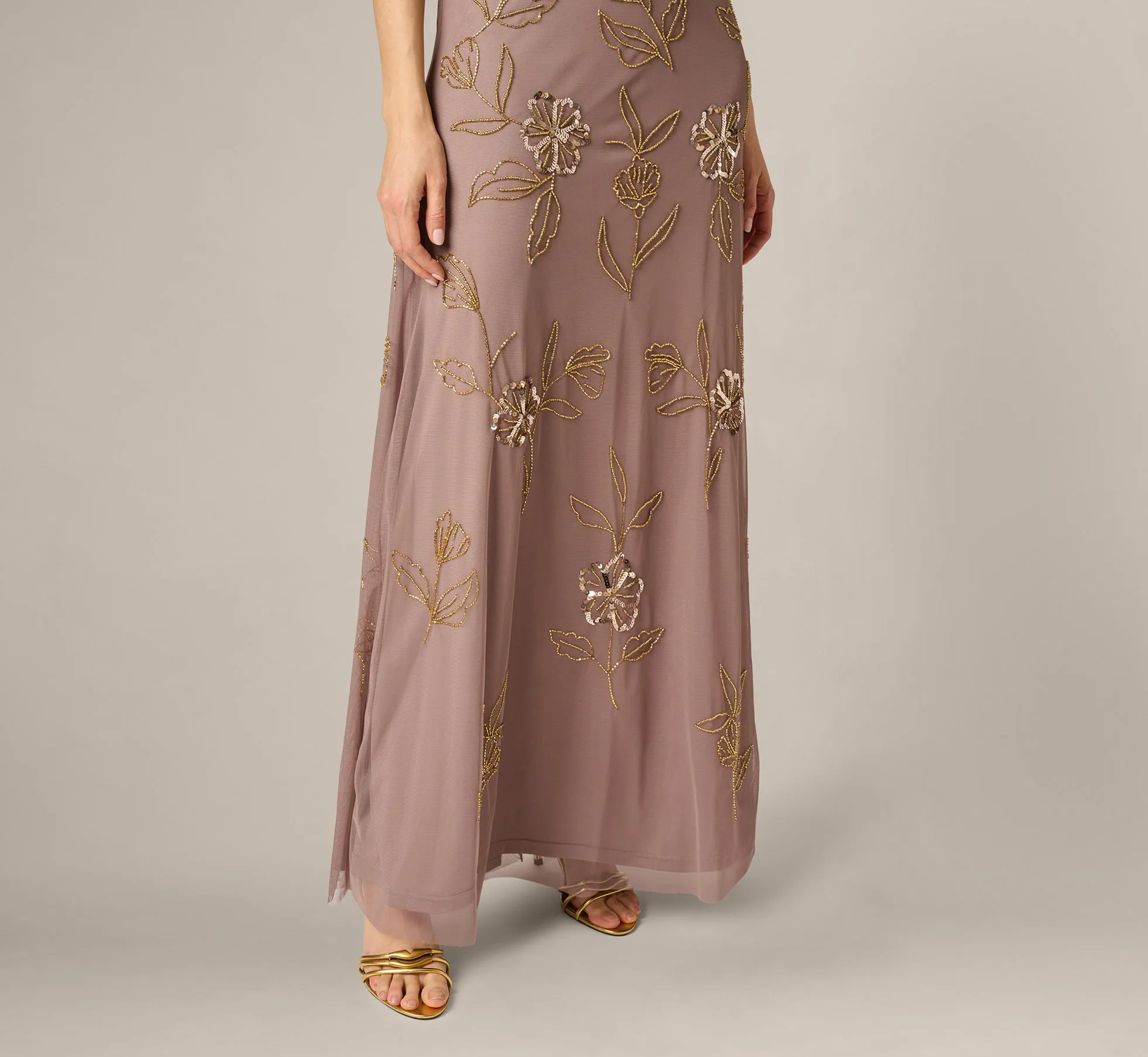 Sleeveless Floral Beaded Sequin Blouson Gown In Stone sold by Adrianna Papell product image thumbnail 4