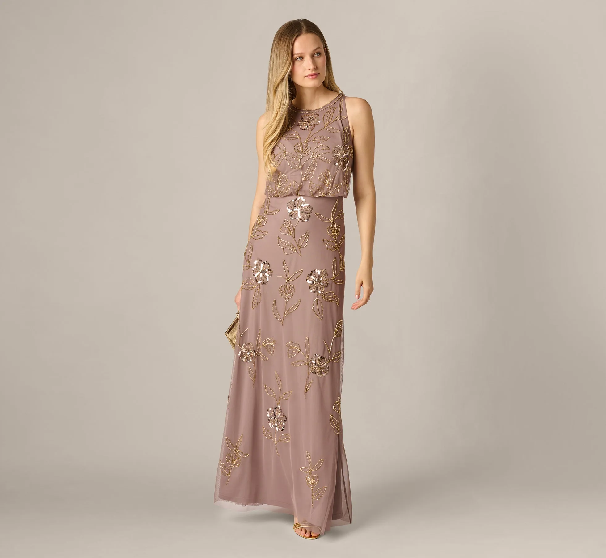 Sleeveless Floral Beaded Sequin Blouson Gown In Stone sold by Adrianna Papell