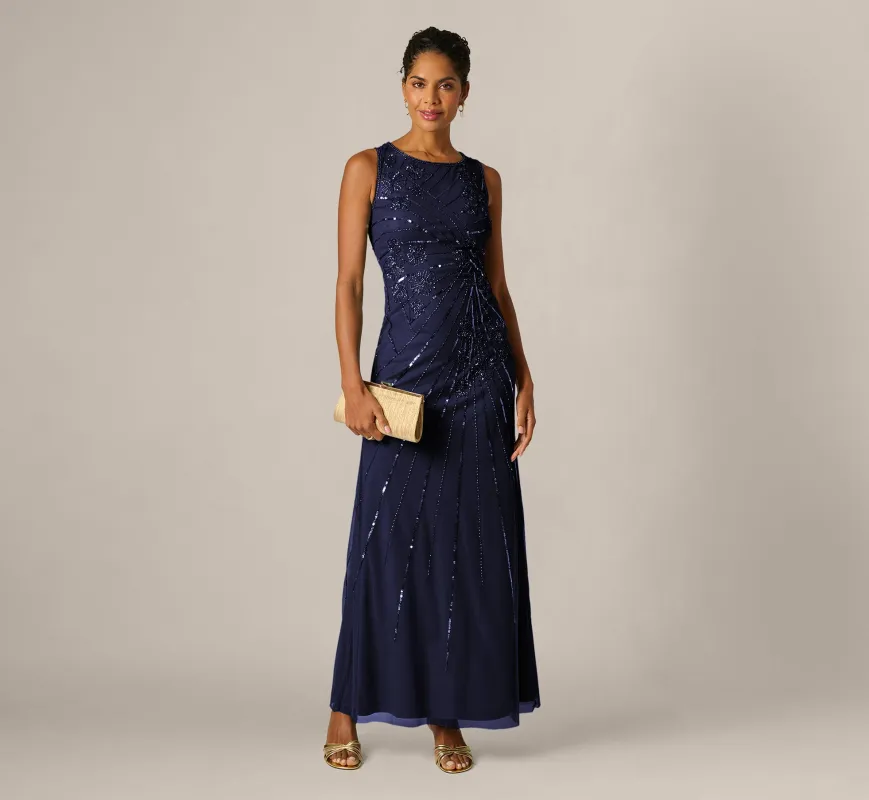 Floral Beaded Illusion Mermaid Gown In Light Navy made by Adrianna Papell