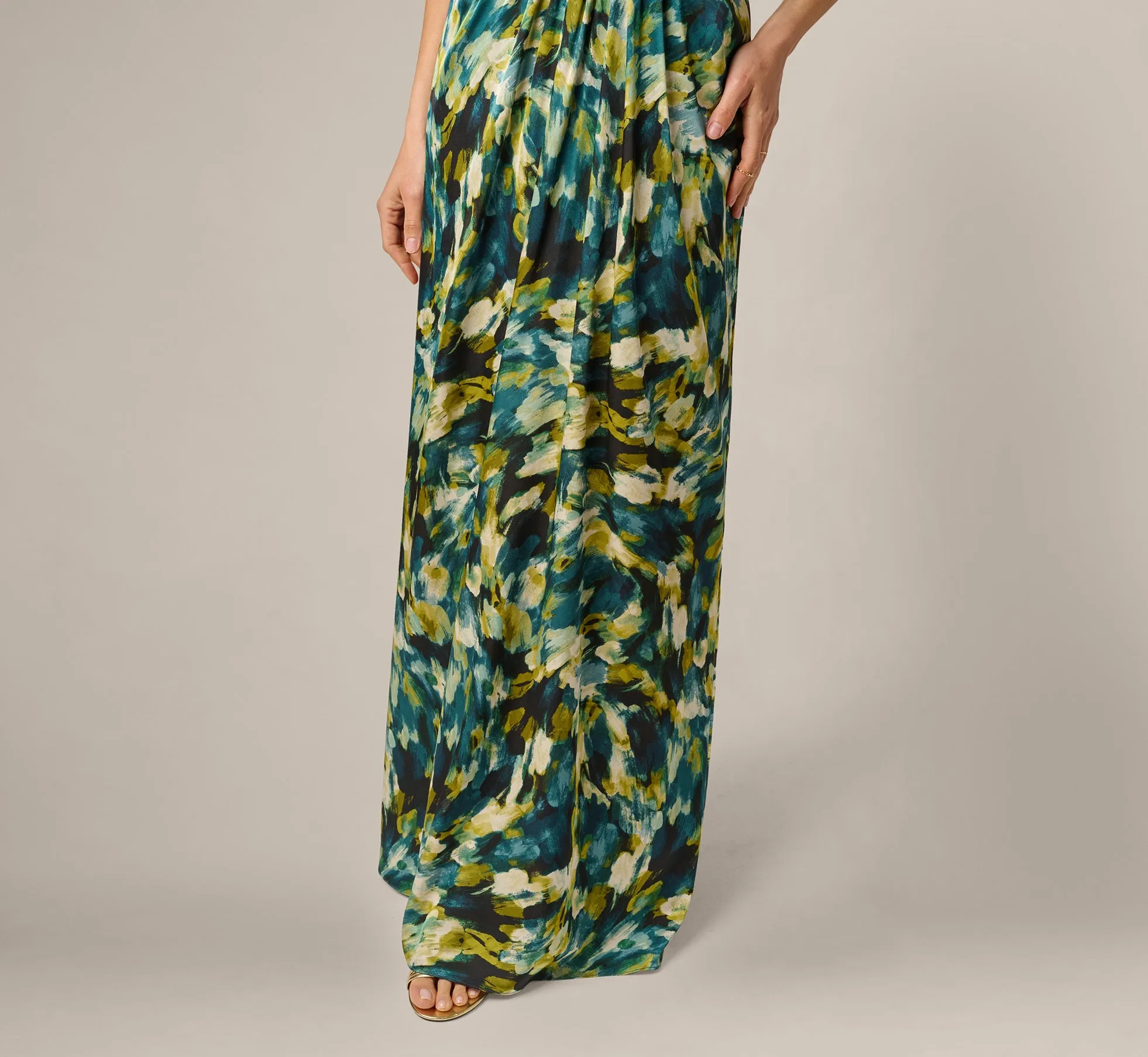 Printed Stretch Satin Chain Halter Gown In Green Multi sold by Adrianna Papell product image thumbnail 4