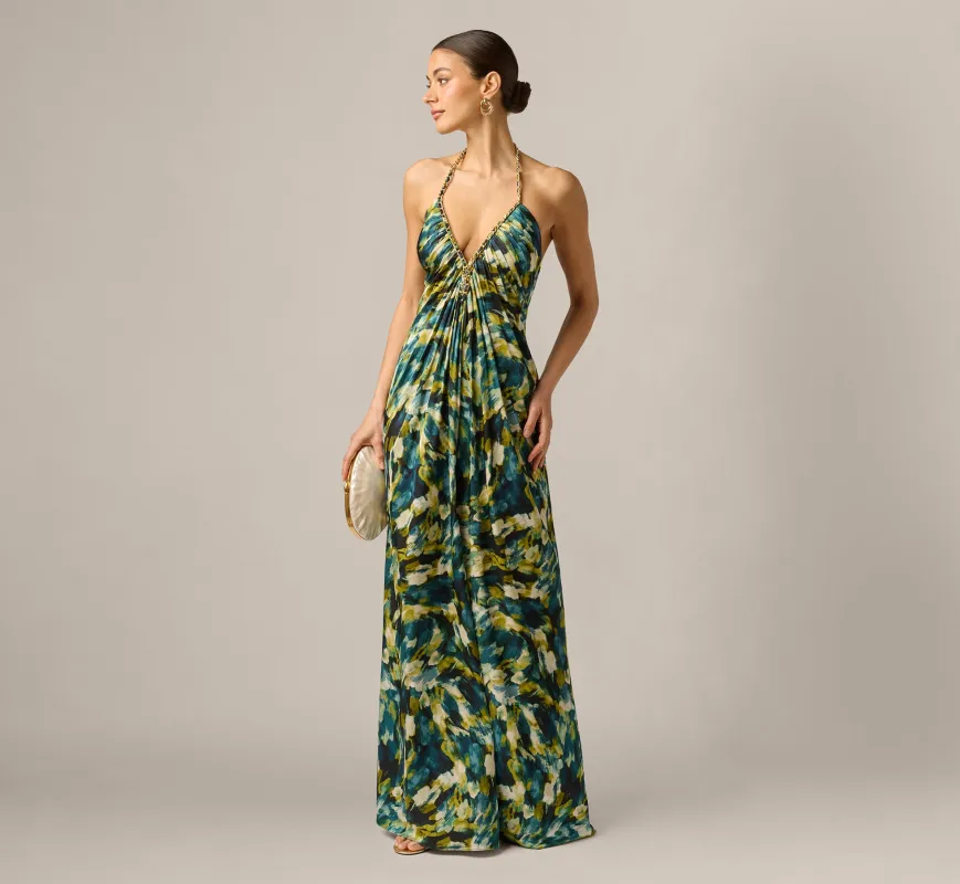 Printed Stretch Satin Chain Halter Gown In Green Multi made by Adrianna Papell