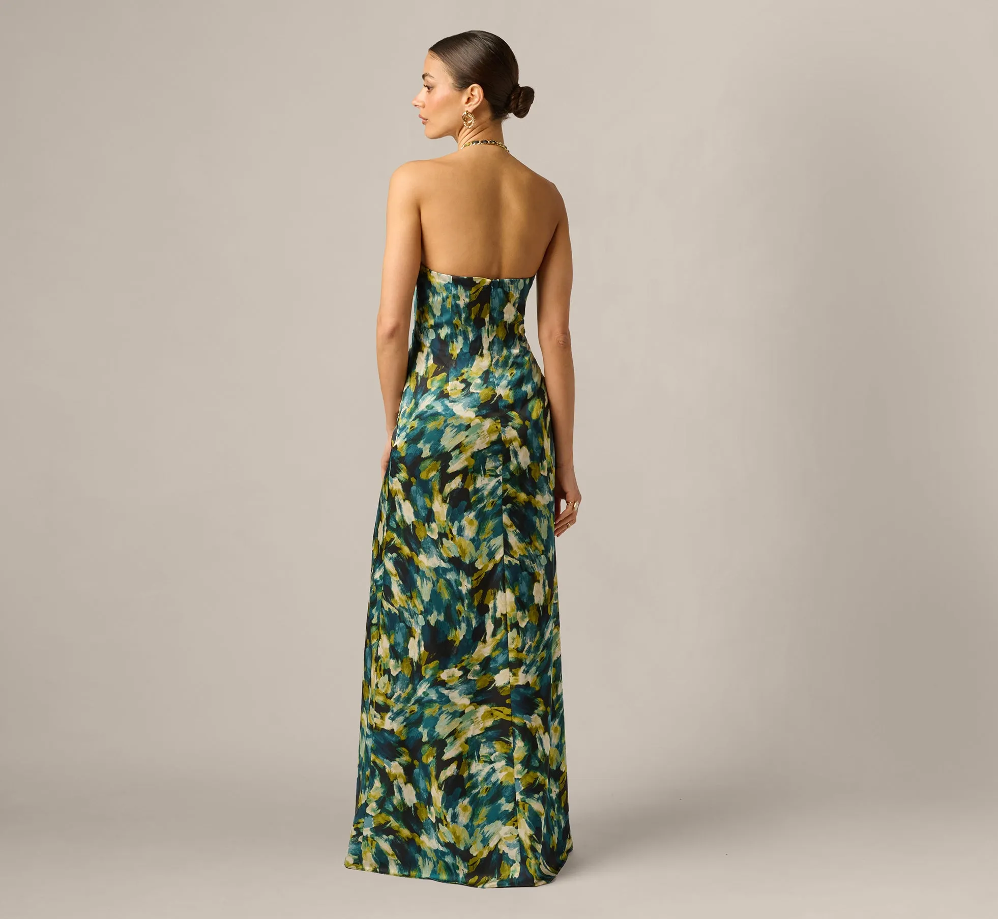 Printed Stretch Satin Chain Halter Gown In Green Multi sold by Adrianna Papell product image thumbnail 5