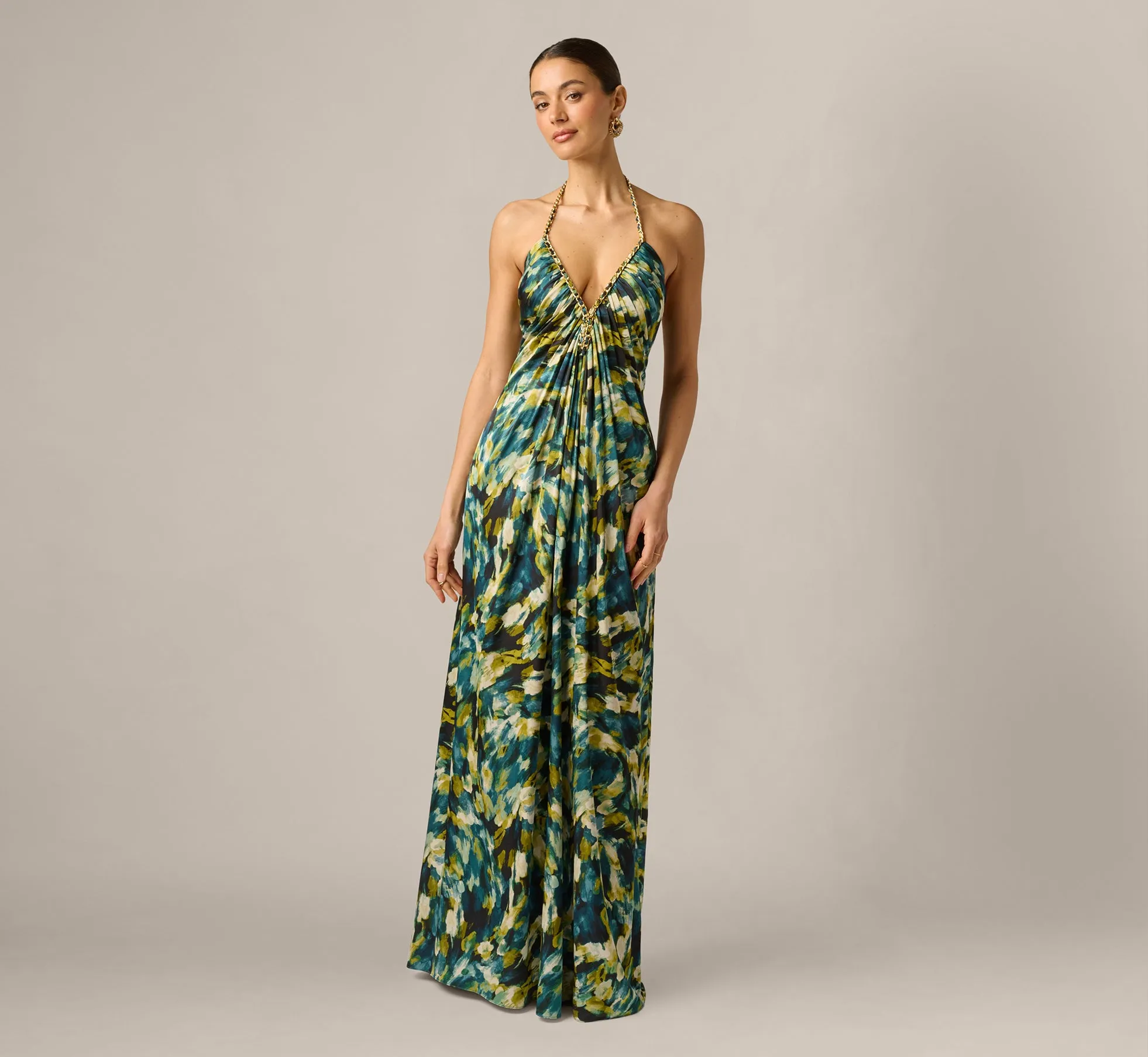 Printed Stretch Satin Chain Halter Gown In Green Multi sold by Adrianna Papell product image thumbnail 2